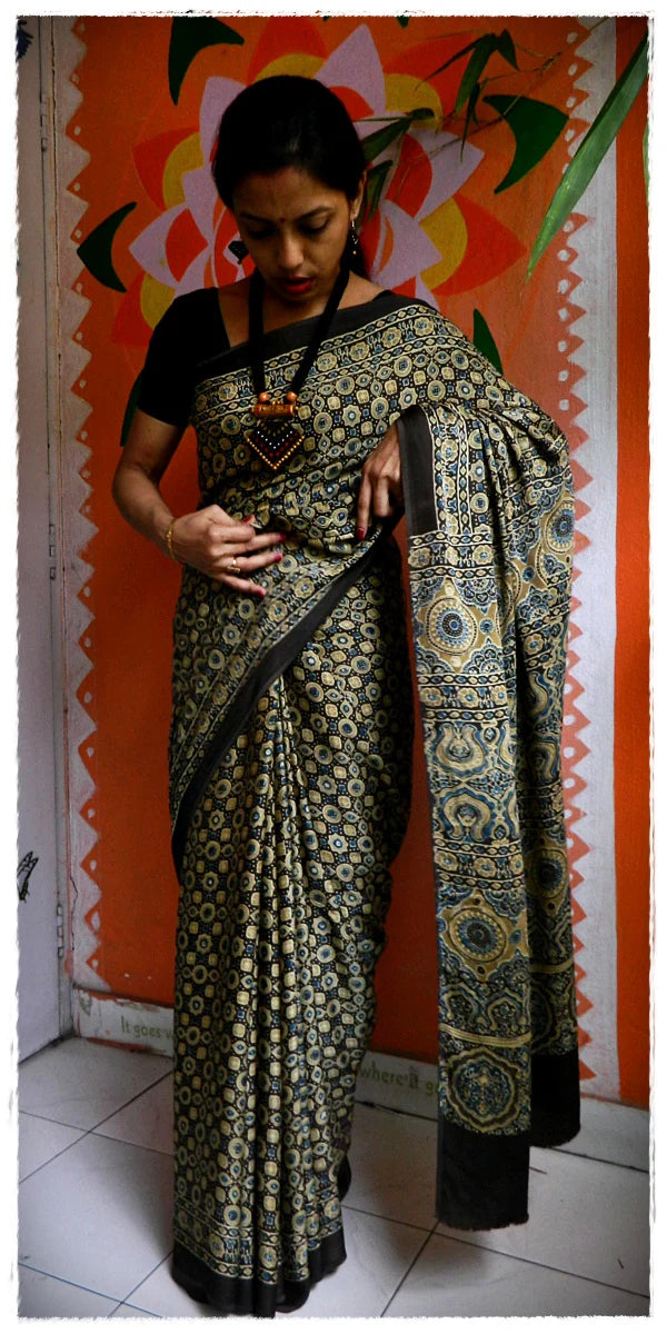 Jugnu - Premium Modal Silk Ajrakh Hand Block Print Designer Saree