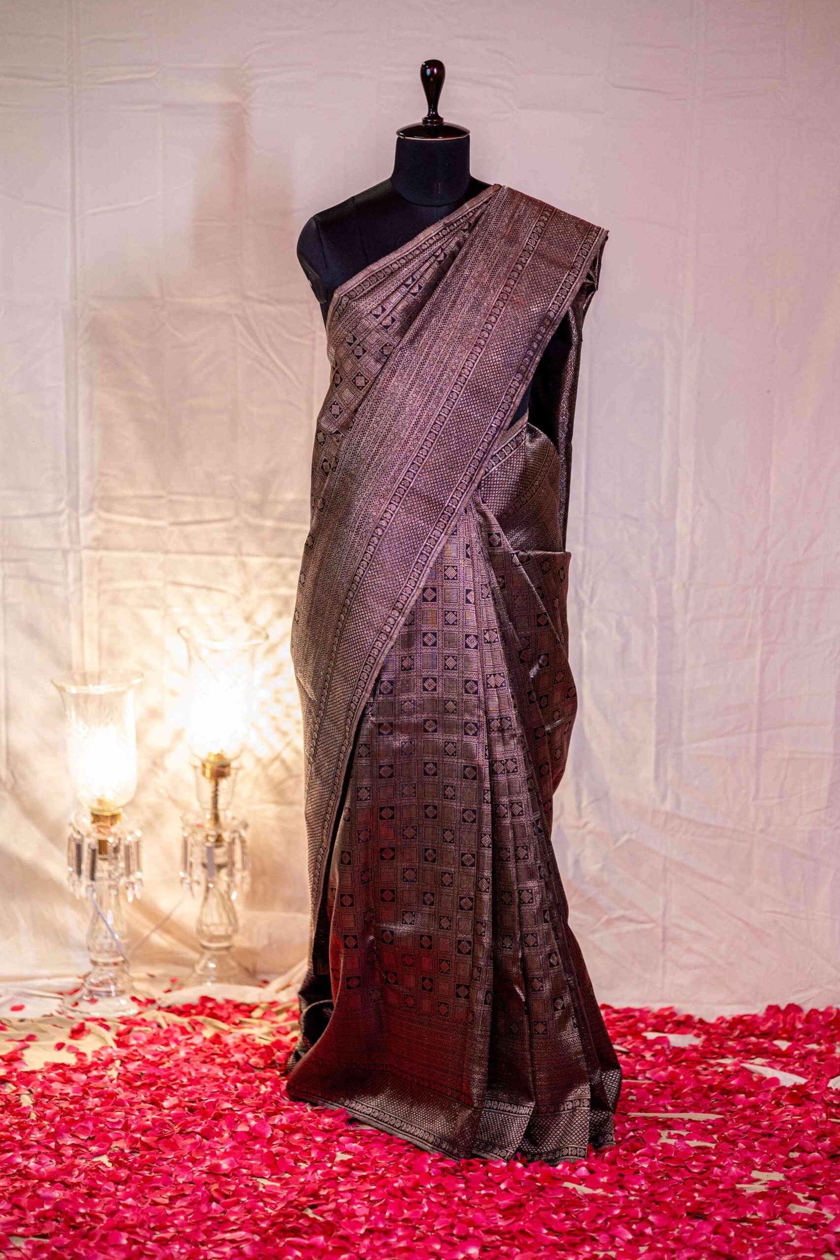 Black Checkered Pattern Weaved with Rose Gold and Silver Zari Kanchi Saree