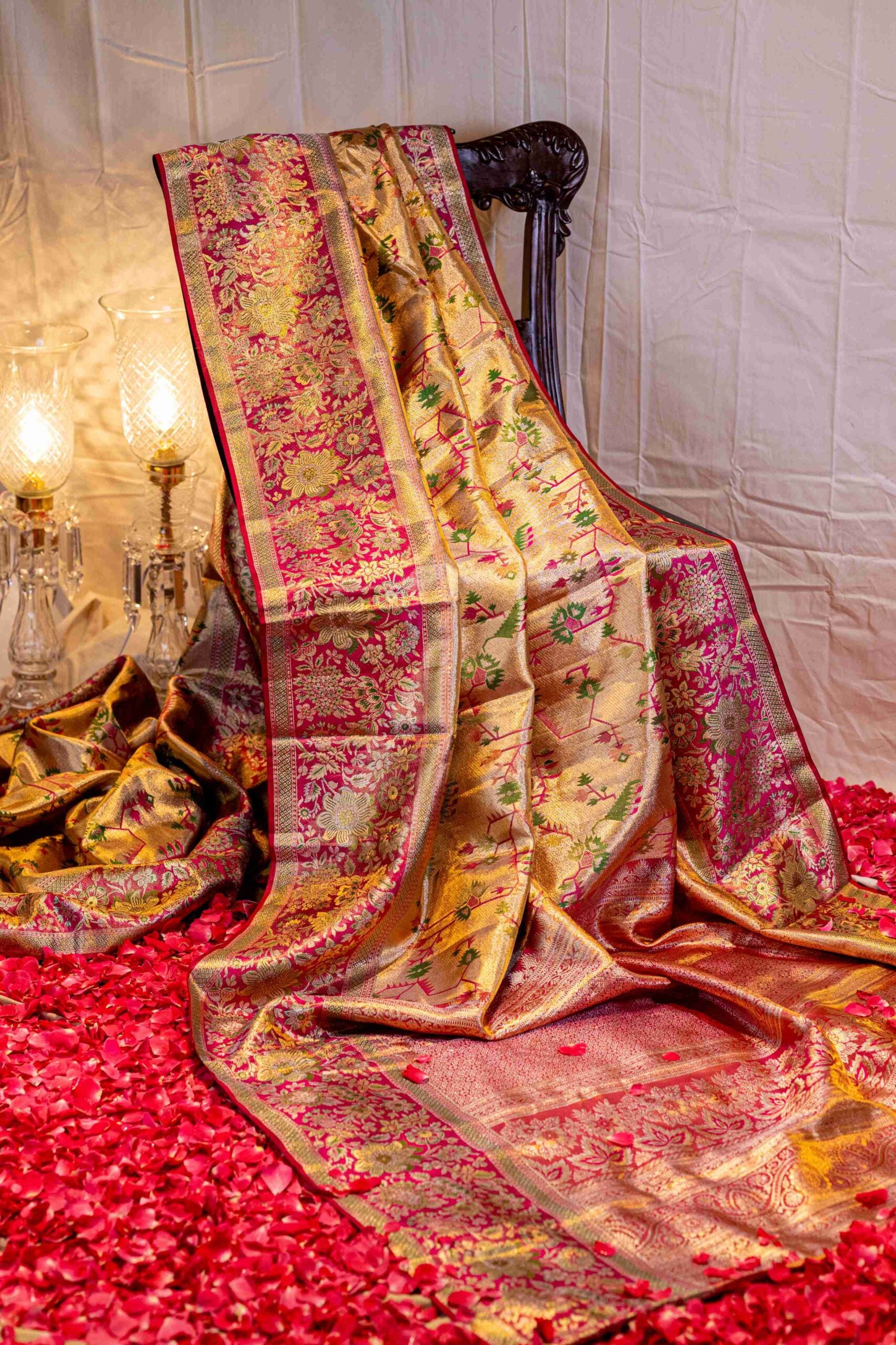 Golden tissue with pink Jamdani Paithani Kanchi saree