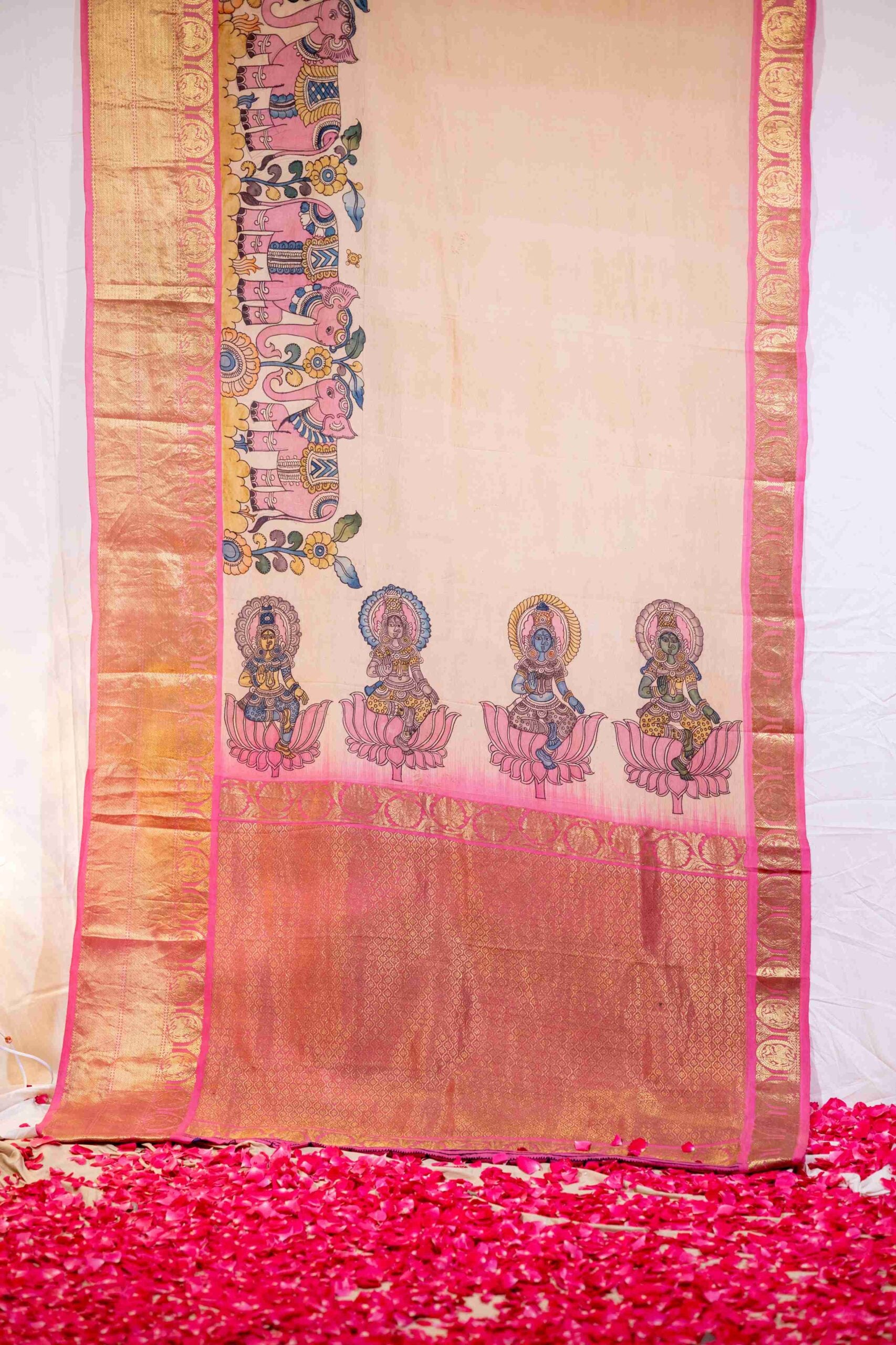 Ecru with pastel pink Lakshmi Kalamkari motif Kanchi Saree