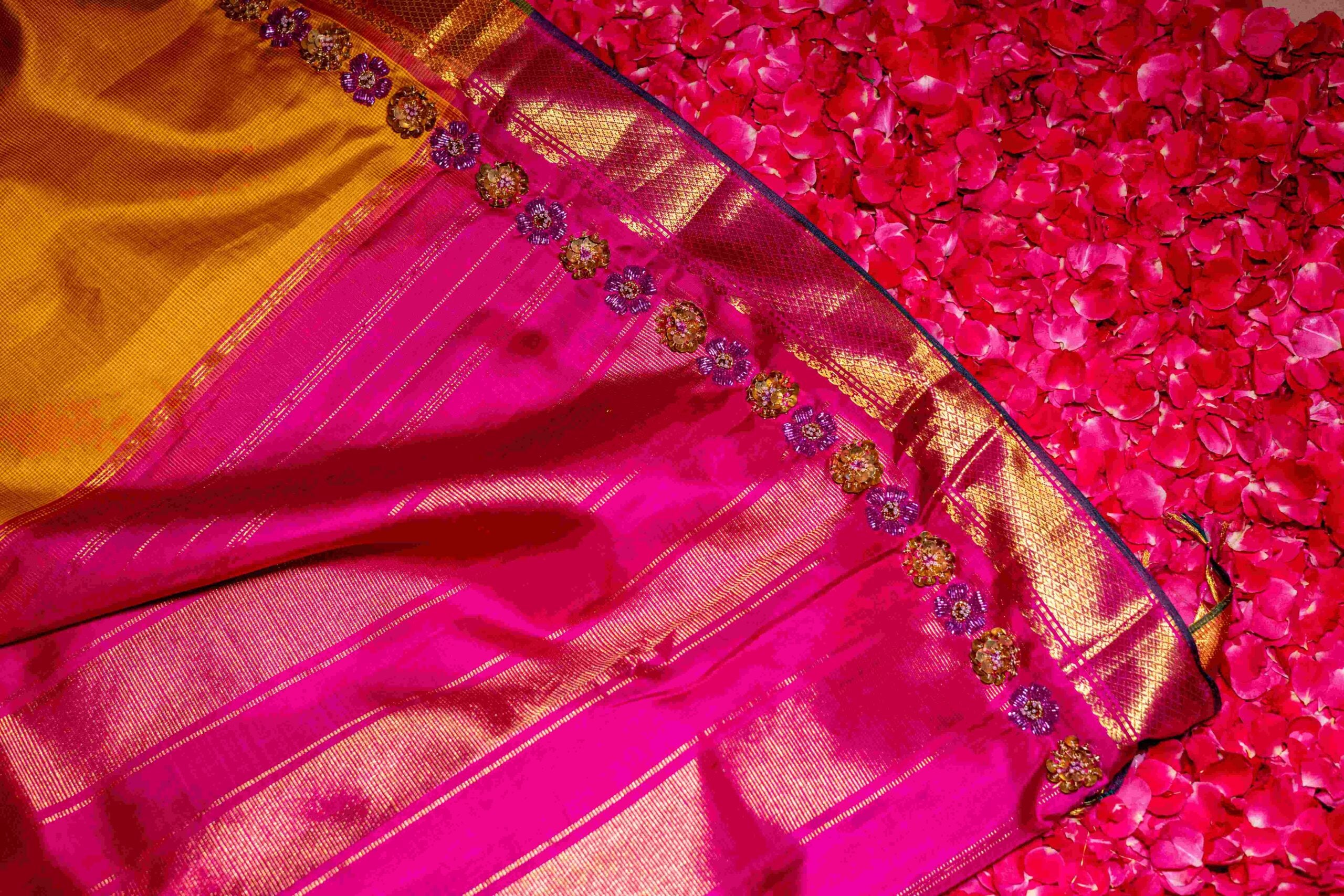 Chrome Yellow checks with pink border and Sequin embellished Kanchi Saree