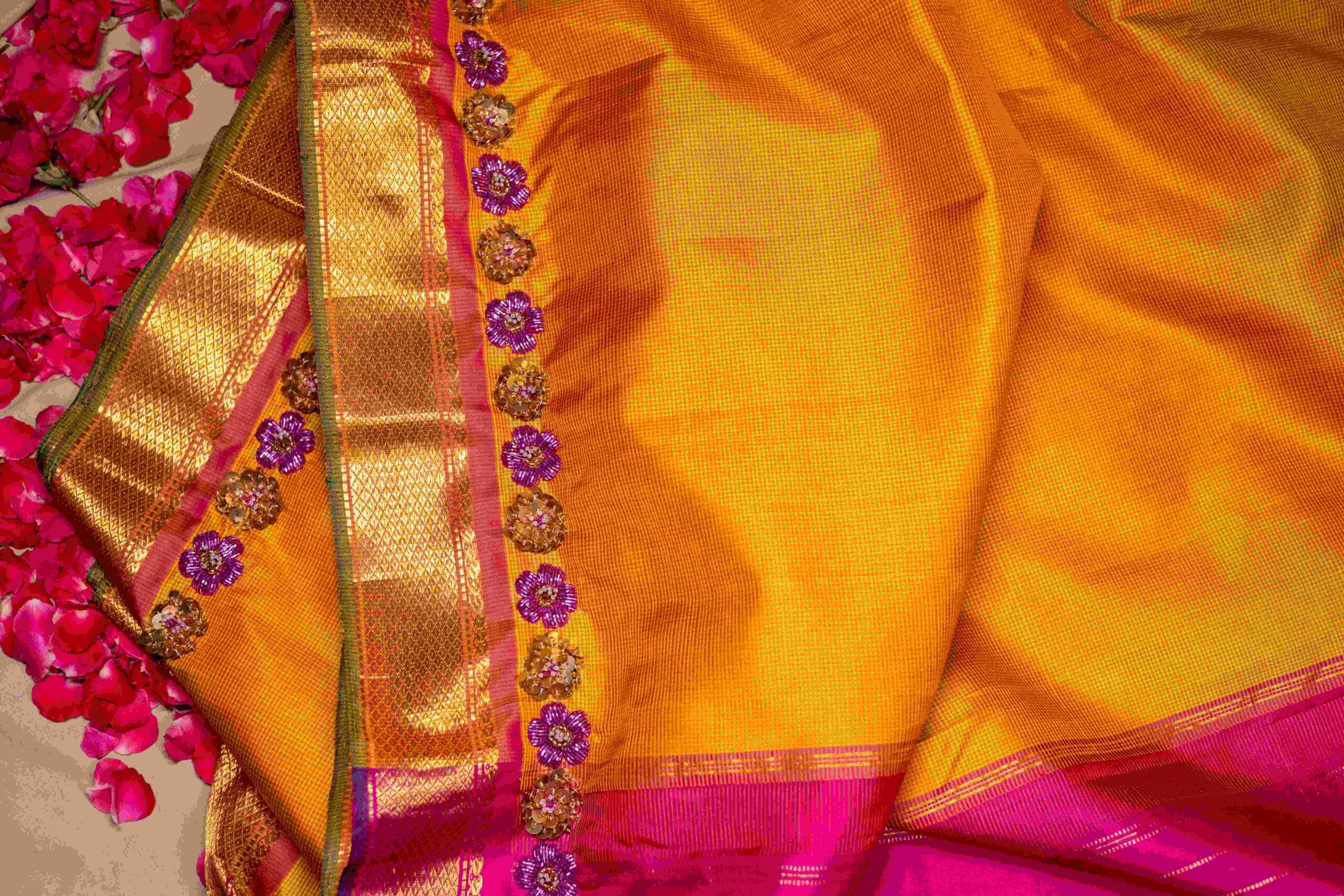 Chrome Yellow checks with pink border and Sequin embellished Kanchi Saree