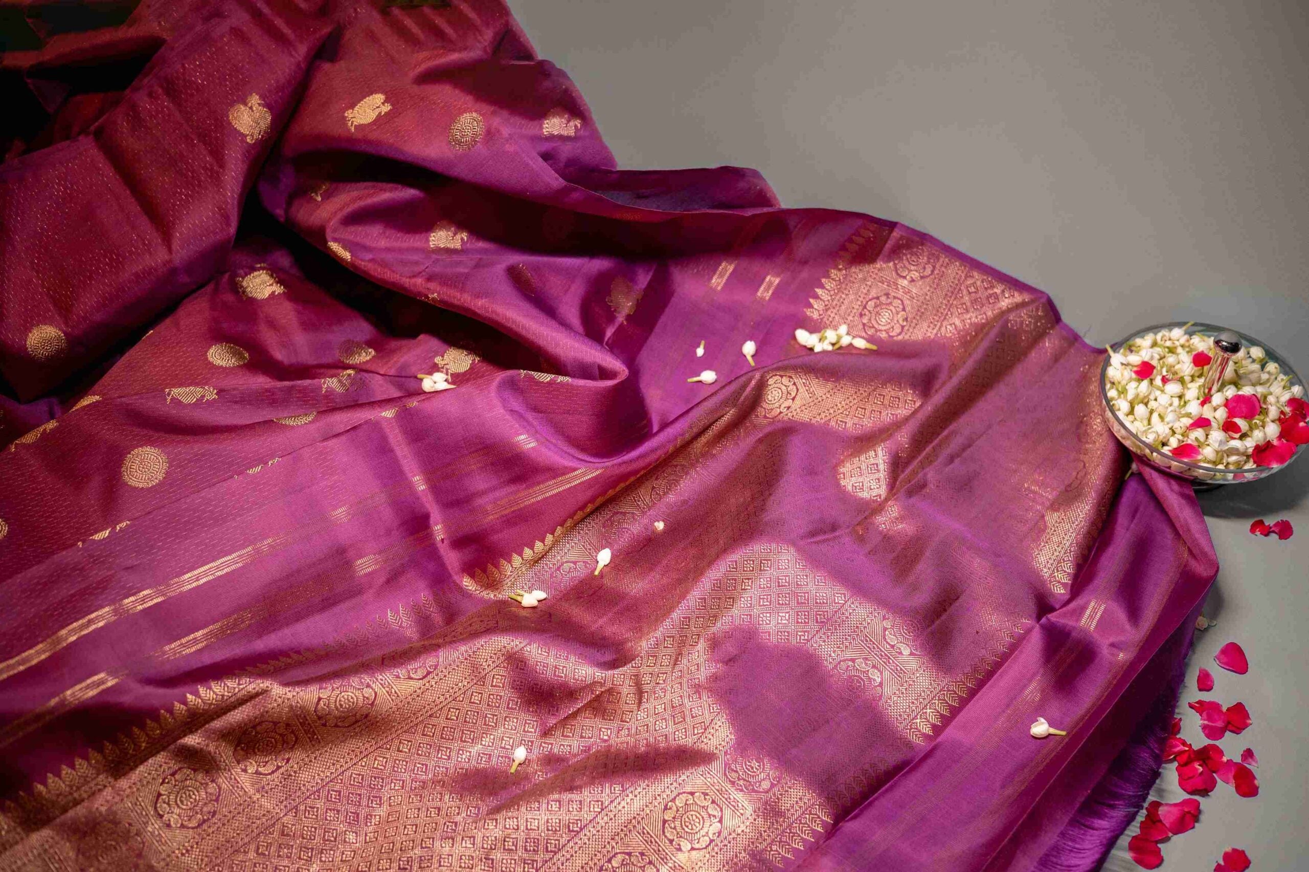 Opera Mauve Peacock Motif Weaved Kanchi Saree