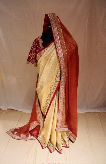 Custom Kanjeevaram Bride and Groom Outfit: Gold with Maroon Trim