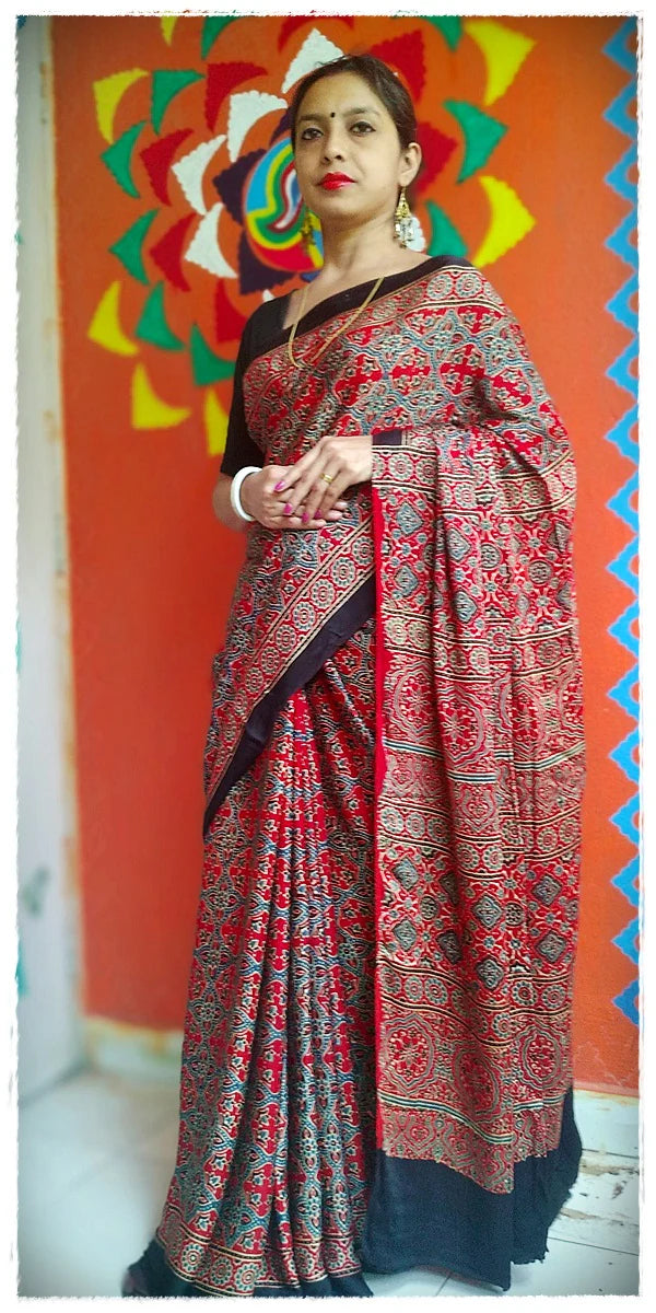 Lalitya - Premium Modal Silk Ajrakh Hand Block Print Designer Saree