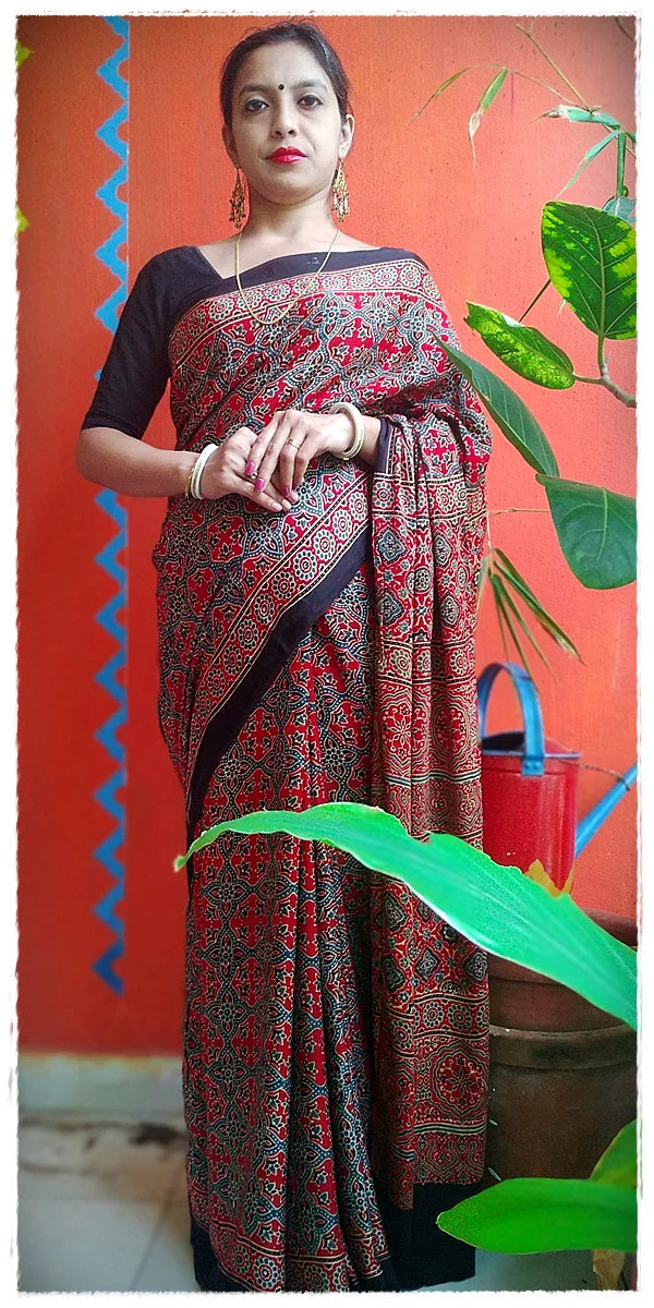 Lalitya - Premium Modal Silk Ajrakh Hand Block Print Designer Saree