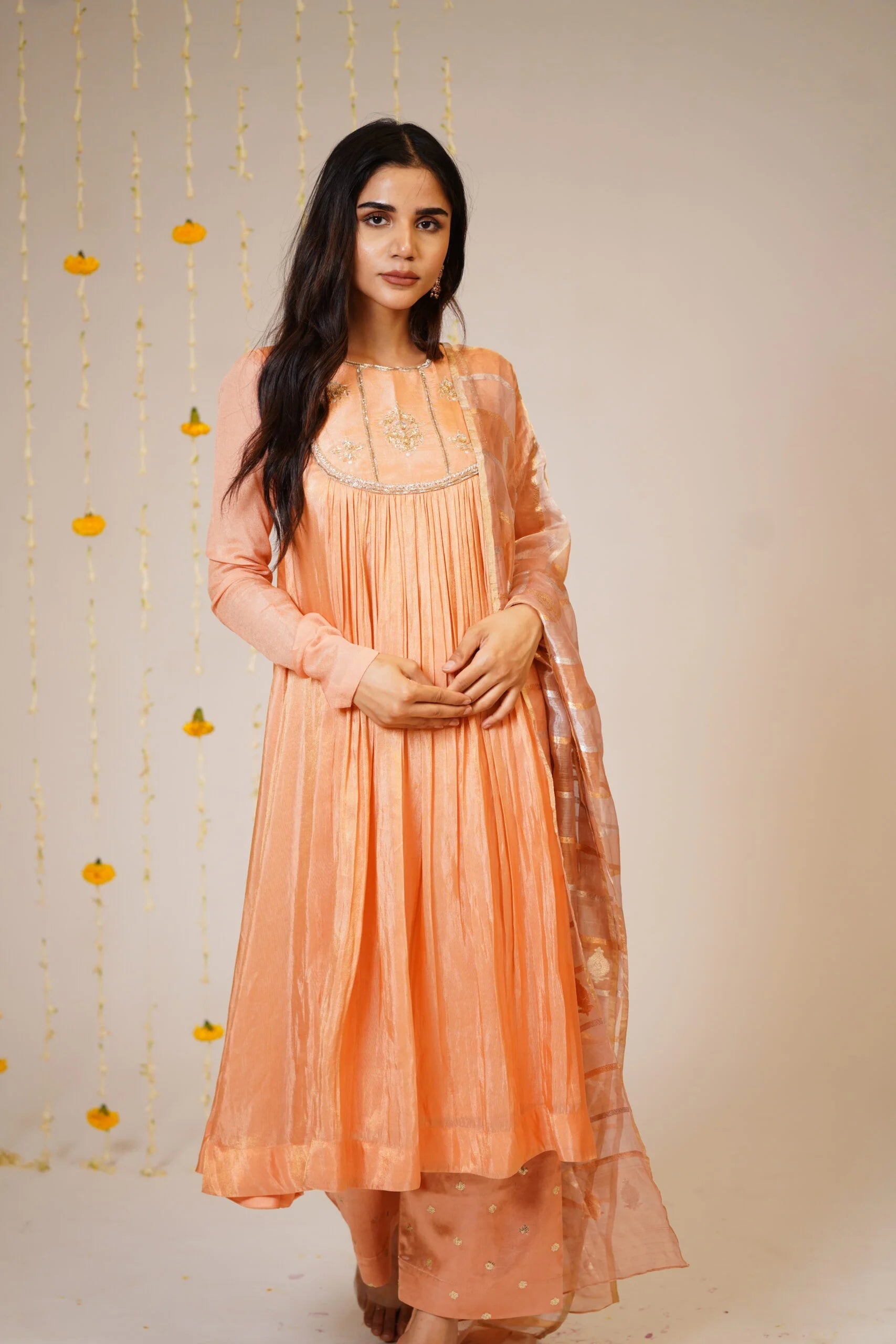 Mandhaara Aboli Peach Soft Tissue Anarkali Kurta Set