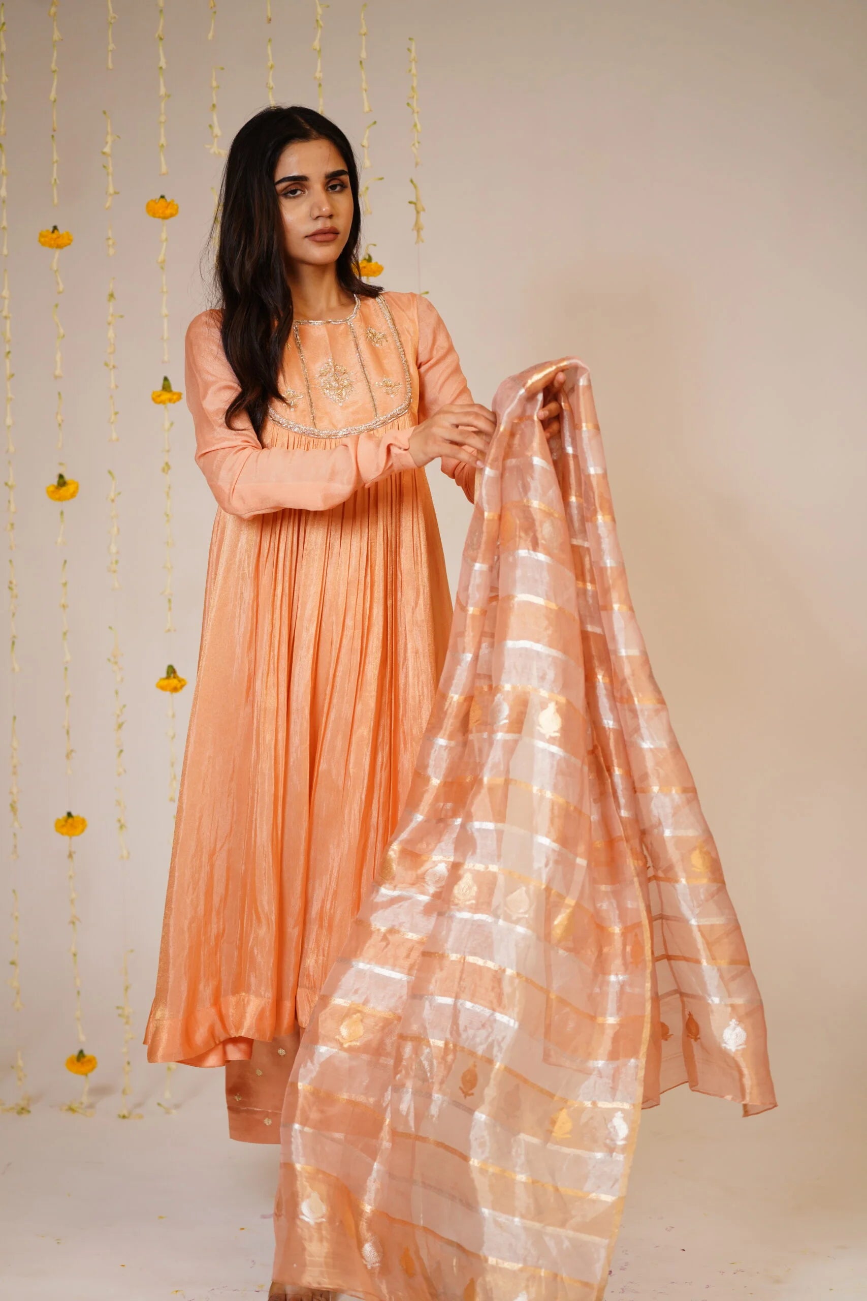 Mandhaara Aboli Peach Soft Tissue Anarkali Kurta Set