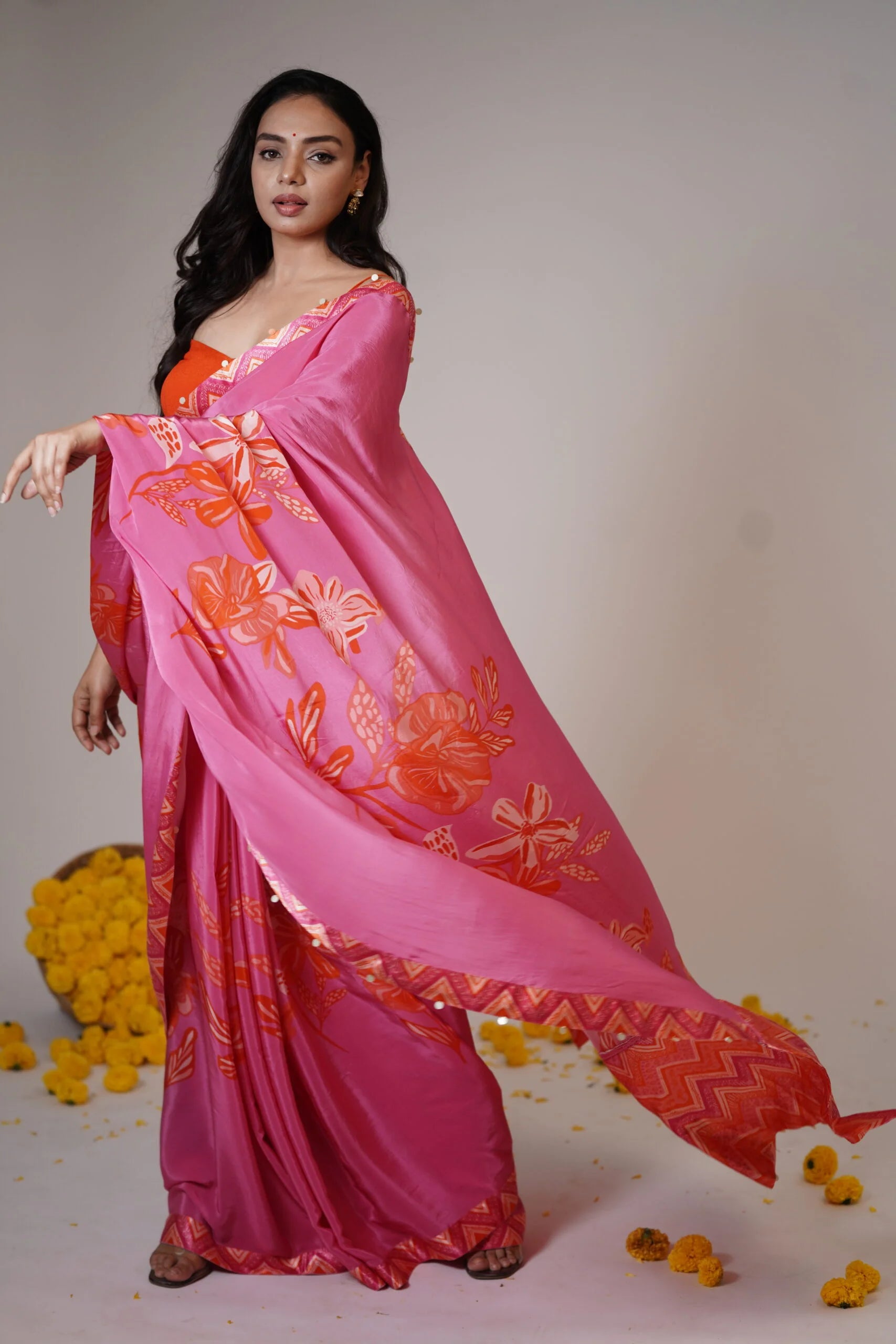 Mandhaara Moonga Pink and Orange Crepe Saree