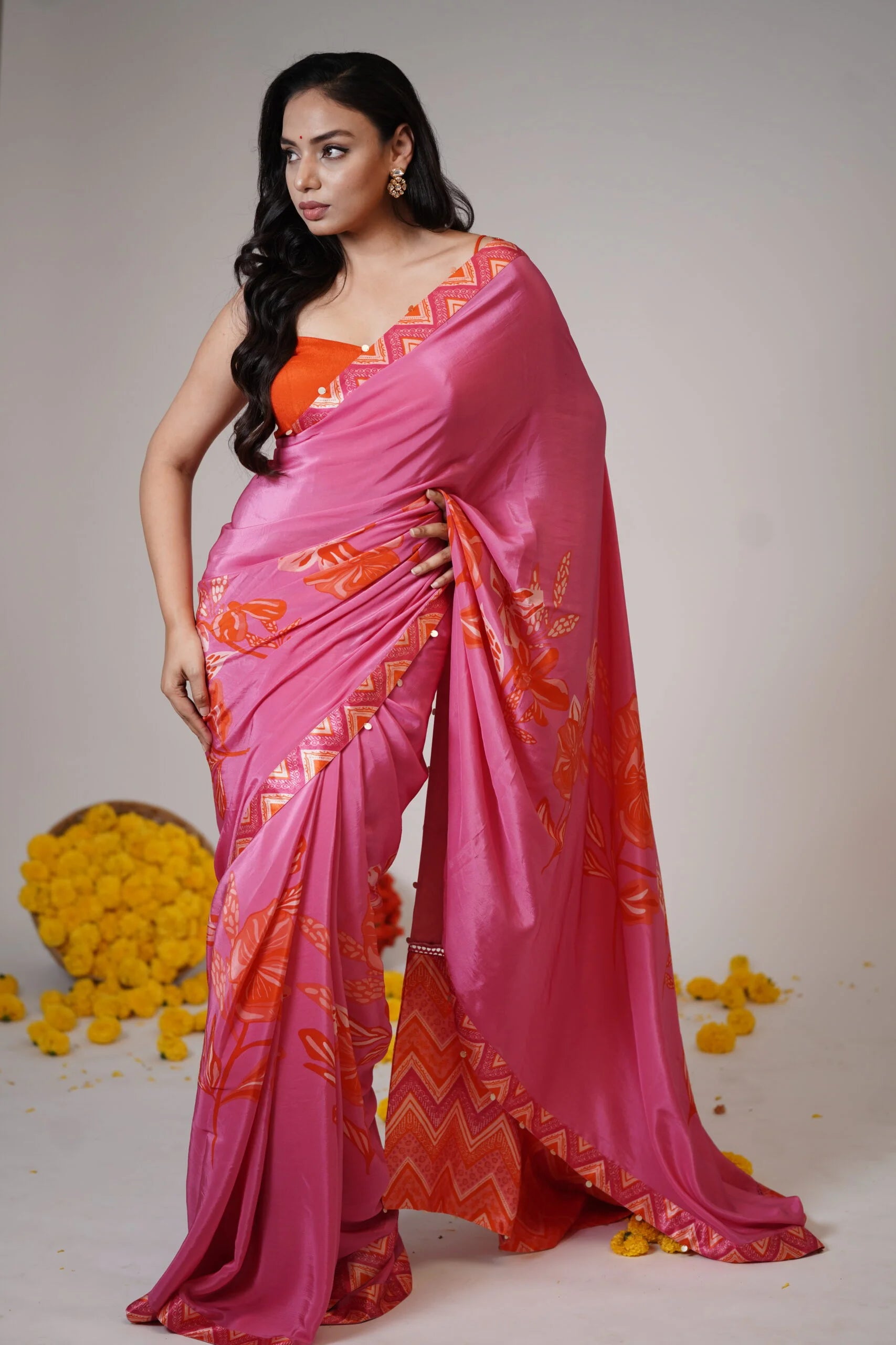 Mandhaara Moonga Pink and Orange Crepe Saree