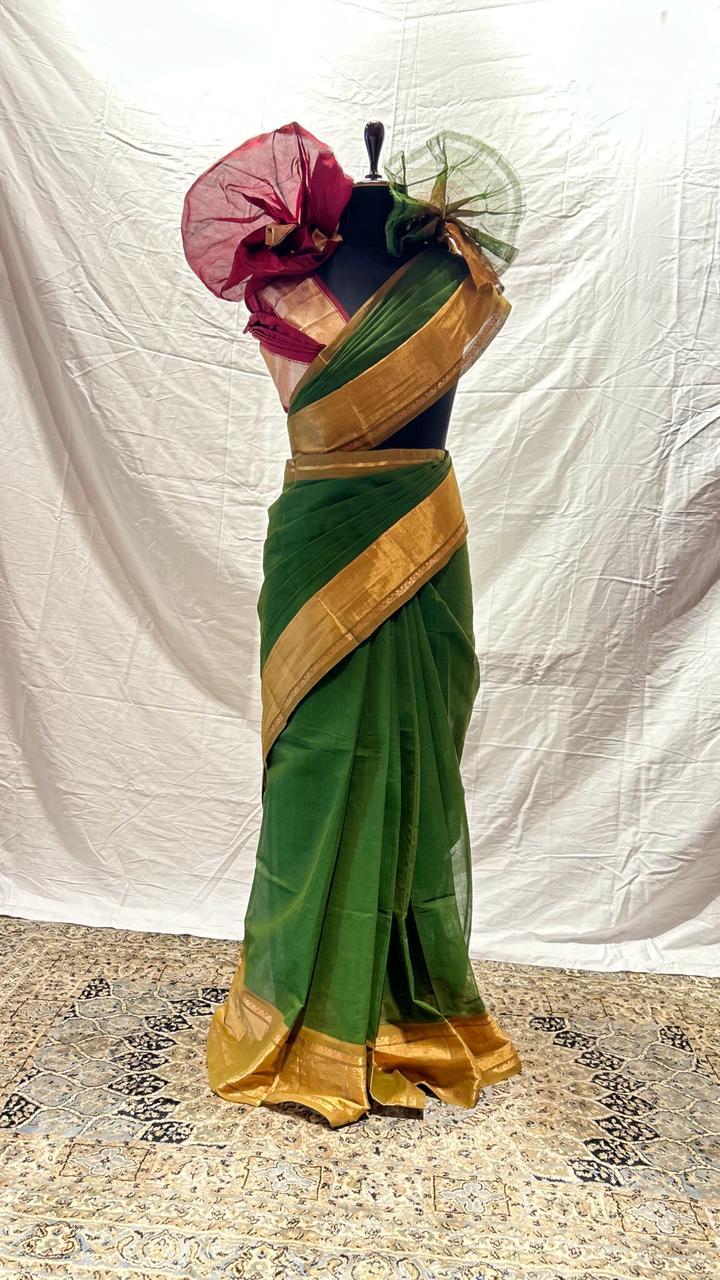 Emerald Green Mangalgiri Cotton Saree with Gold Zari Border