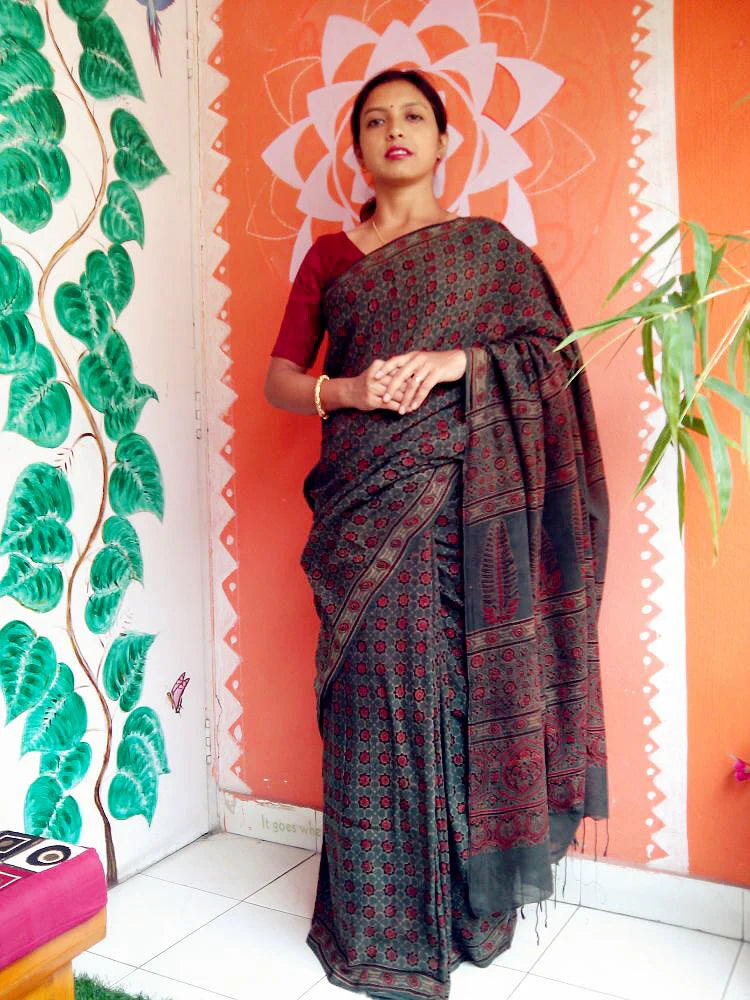 Mani - Pure Muslin Cotton Ajrakh Hand Block Print Saree