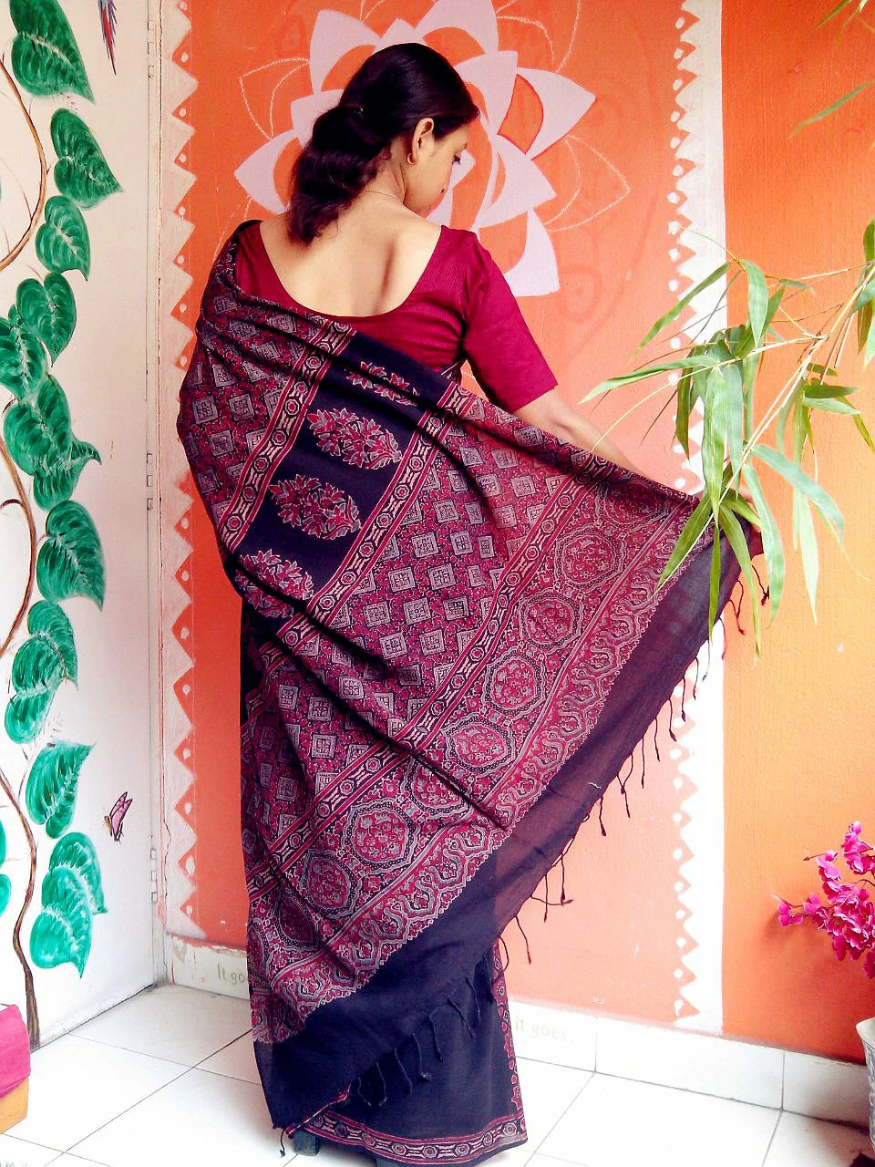 Naksha - Pure Muslin Cotton Ajrakh Hand Block Print Saree