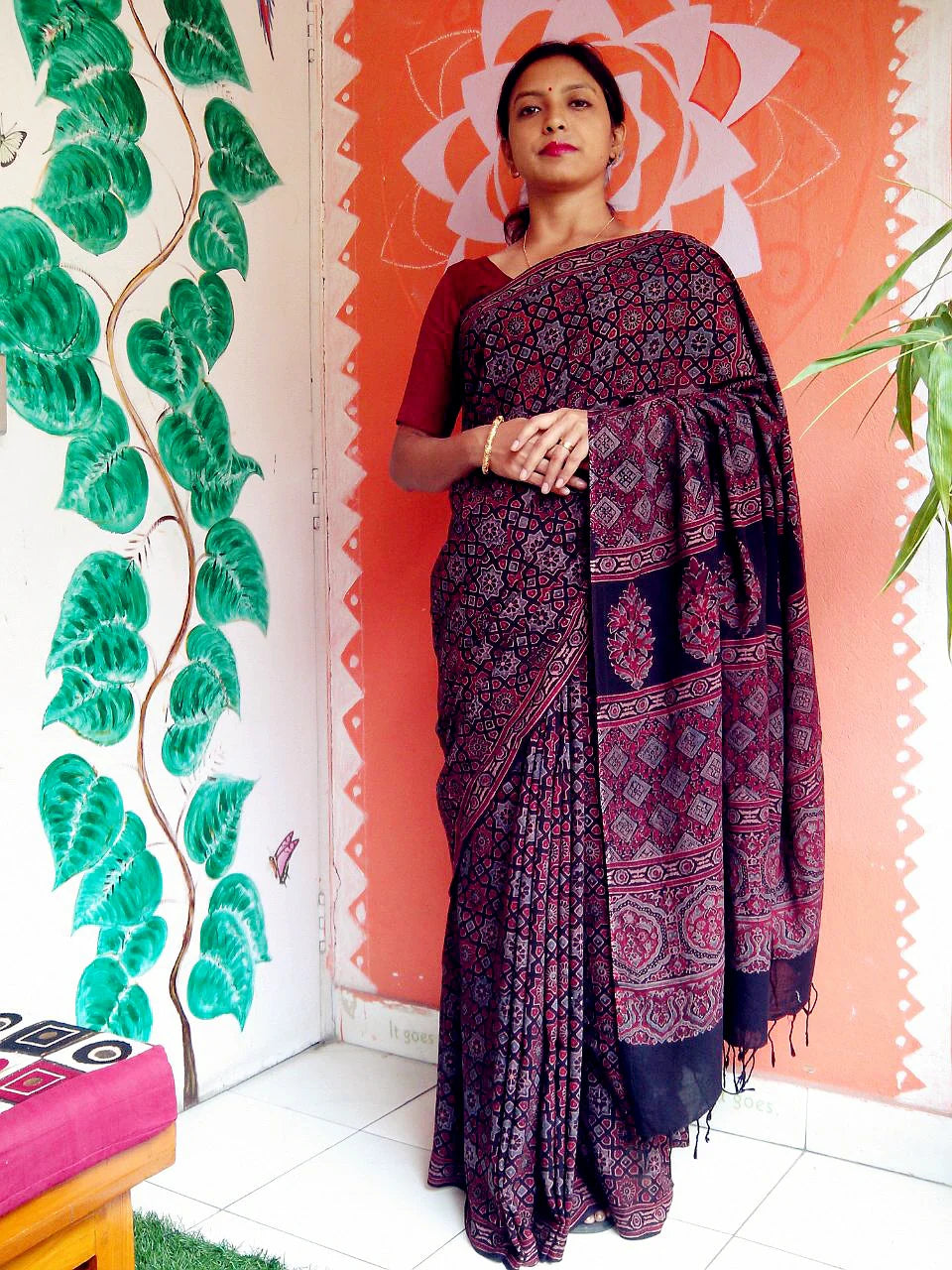 Naksha - Pure Muslin Cotton Ajrakh Hand Block Print Saree