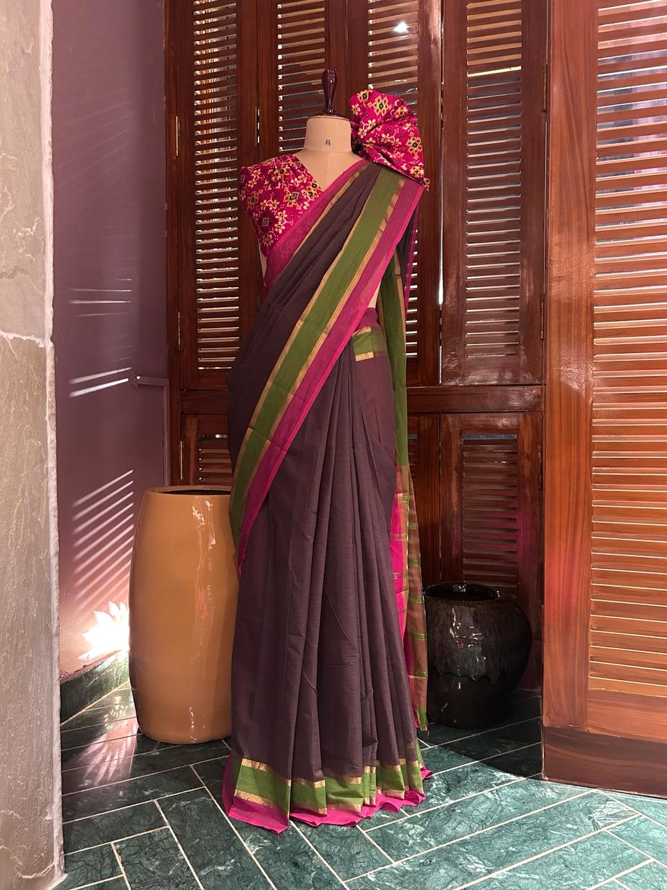 Brown Narayanavanam Cotton Saree with Pink and Green Border Trim