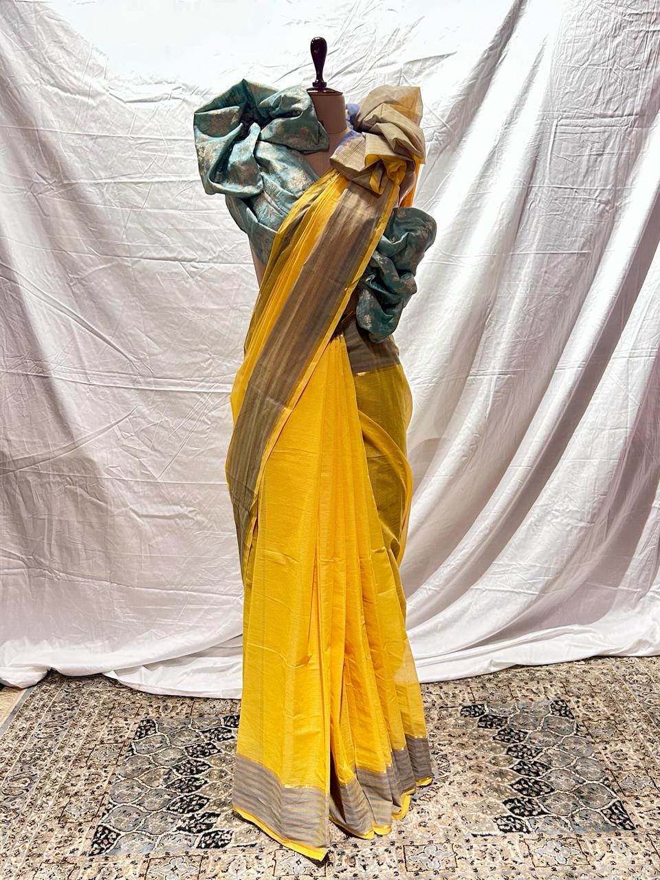 Yellow Narayanavanam Cotton Saree with Cobalt Blue Trim