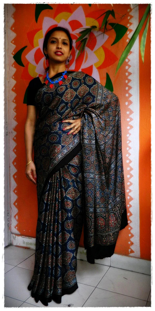 Neelam - Premium Modal Silk Ajrakh Hand Block Print Designer Saree