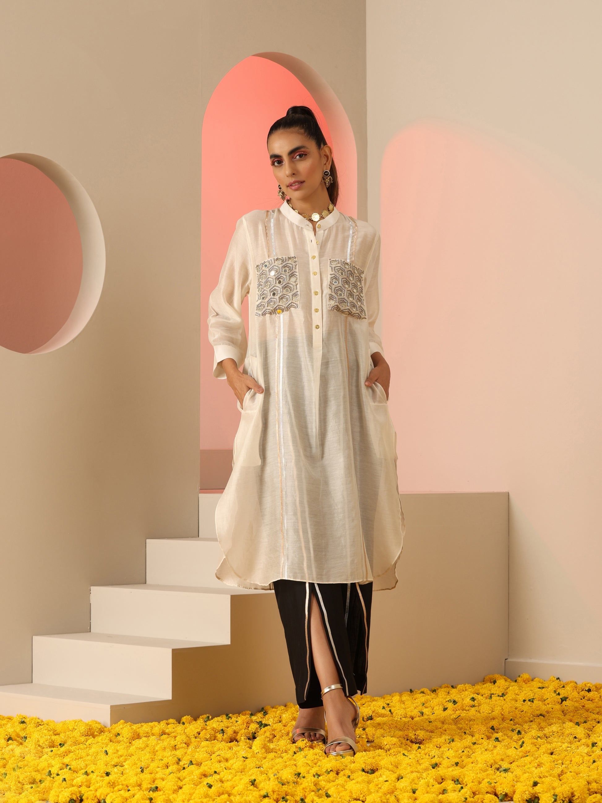 Ivory and black mirror and gota kurta set.