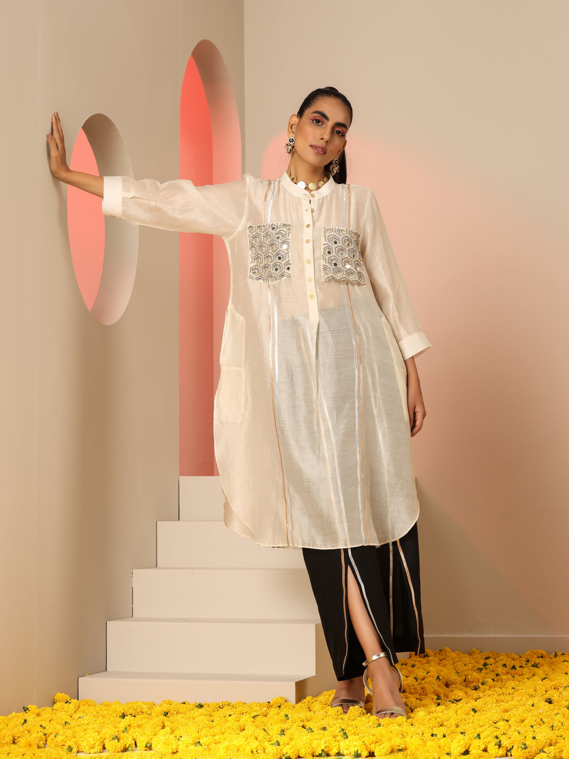 Ivory and black mirror and gota kurta set.