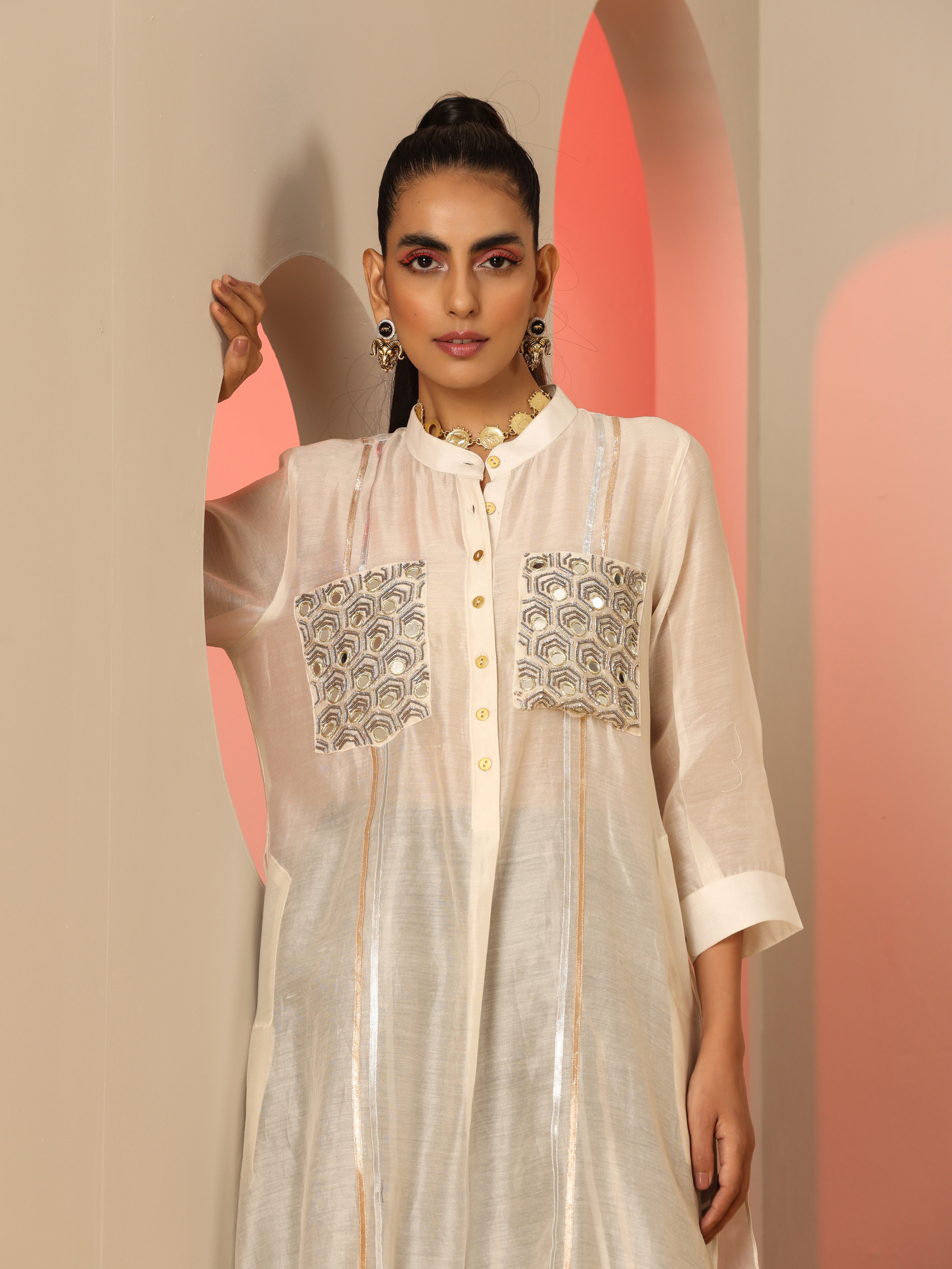 Ivory and black mirror and gota kurta set.