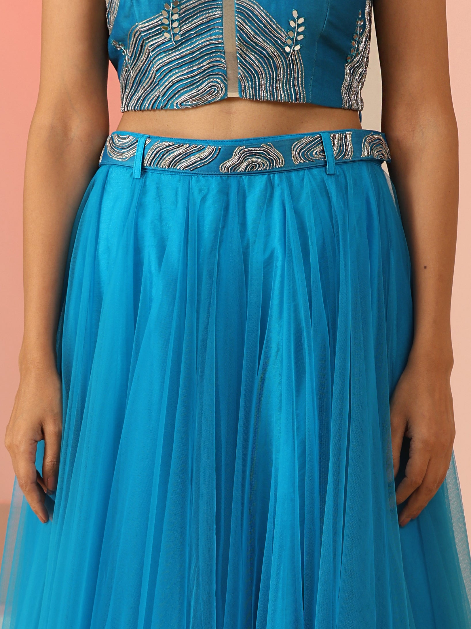 Cyan blue Zari and mirror co-ord set.