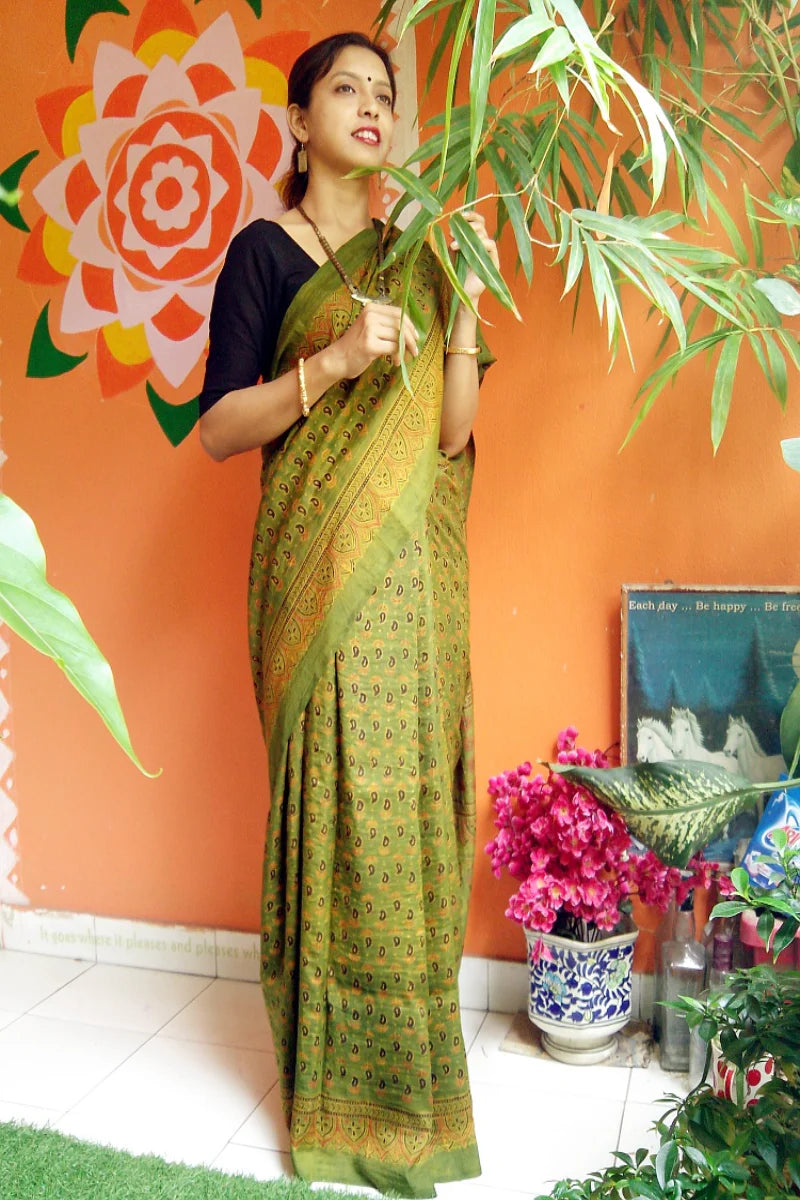 Prakriti - Premium Mulberry Silk Ajrakh Hand Block Print Saree