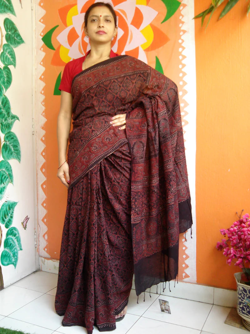 Paheli - Pure Muslin Cotton Ajrakh Hand Block Print Saree