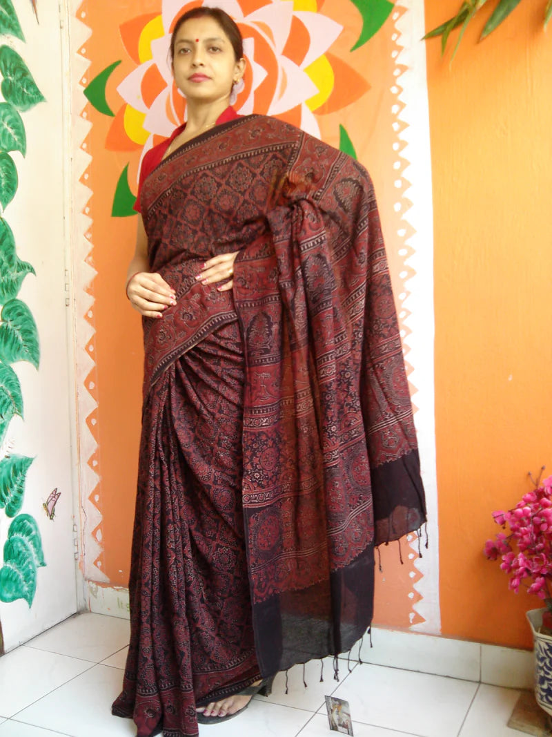 Paheli - Pure Muslin Cotton Ajrakh Hand Block Print Saree