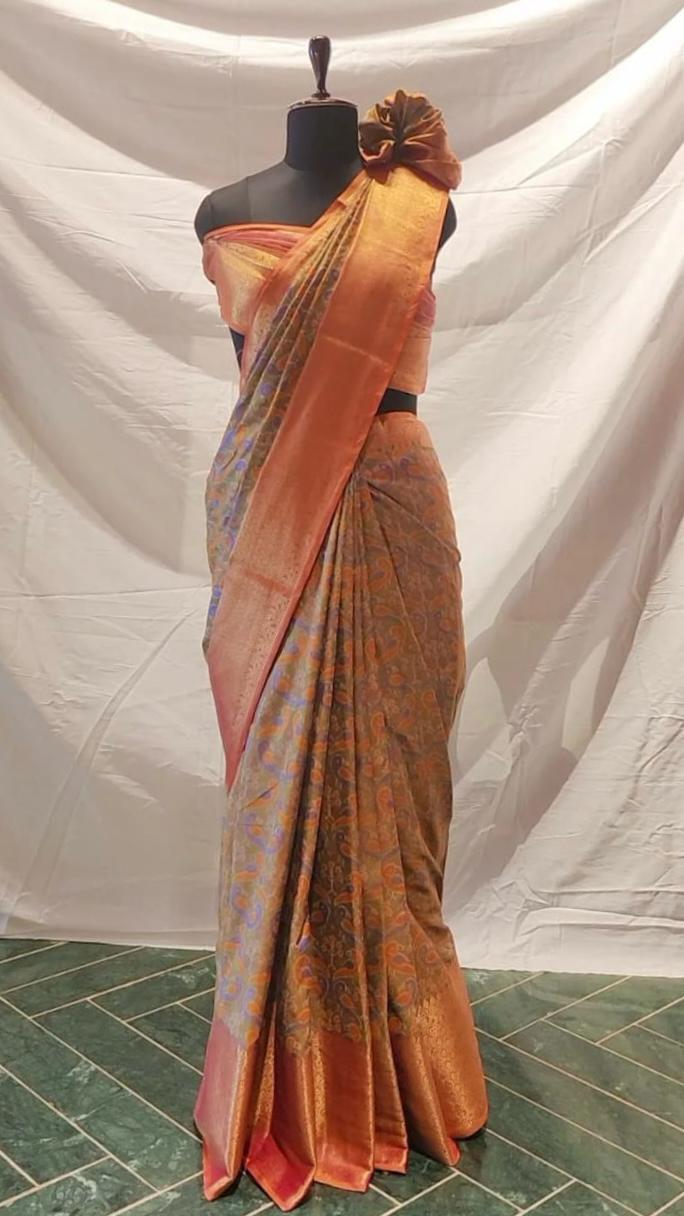 Patola Cotton Silk Saree in Olive Green with Pink and Zari Borders