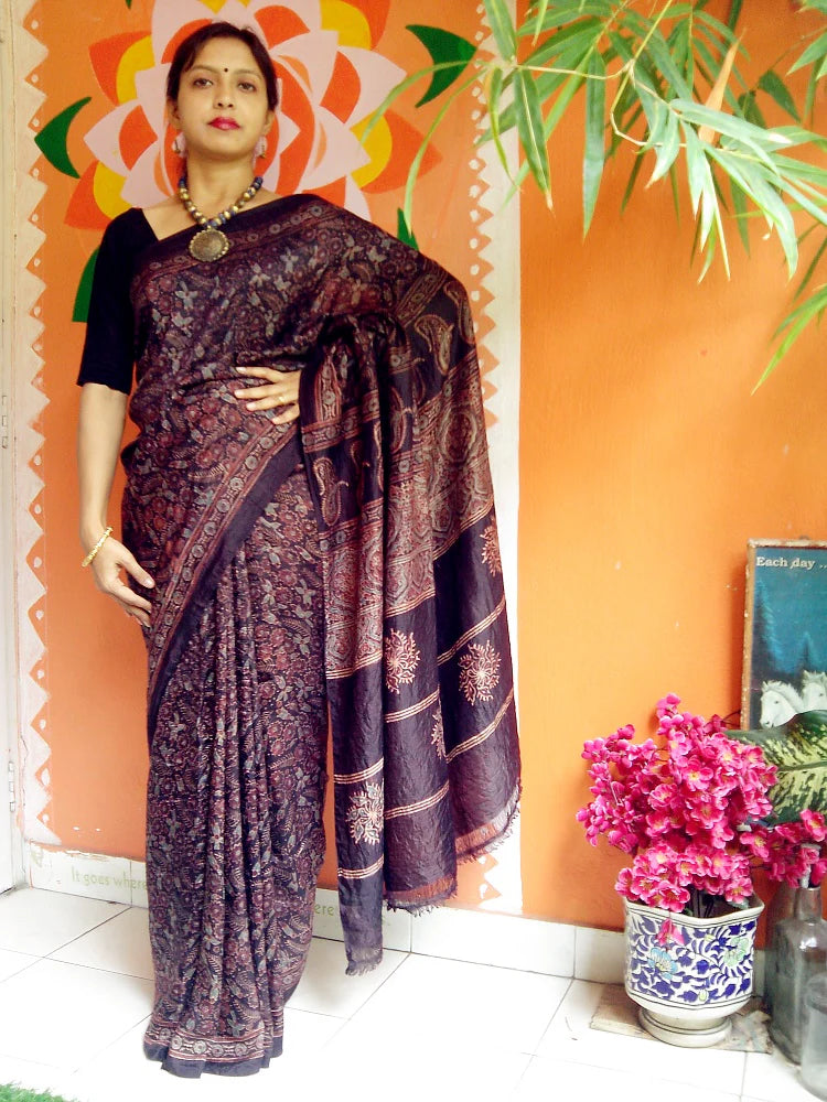 Rasya - Premium Mulberry Silk Ajrakh Hand Block Print Saree