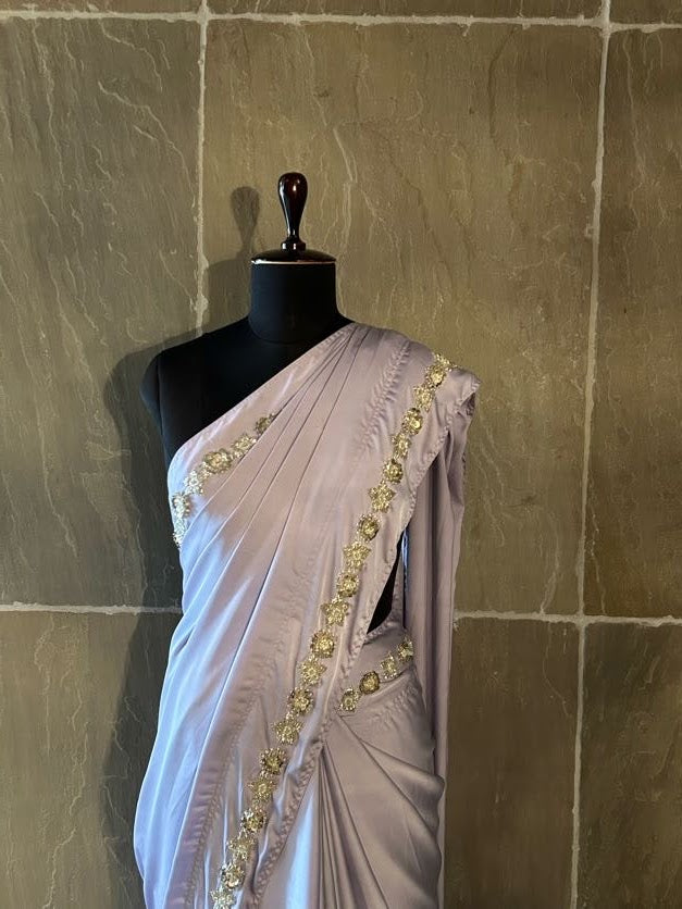 Lavender Saree with Silver Metal Sequin 3D Flowers