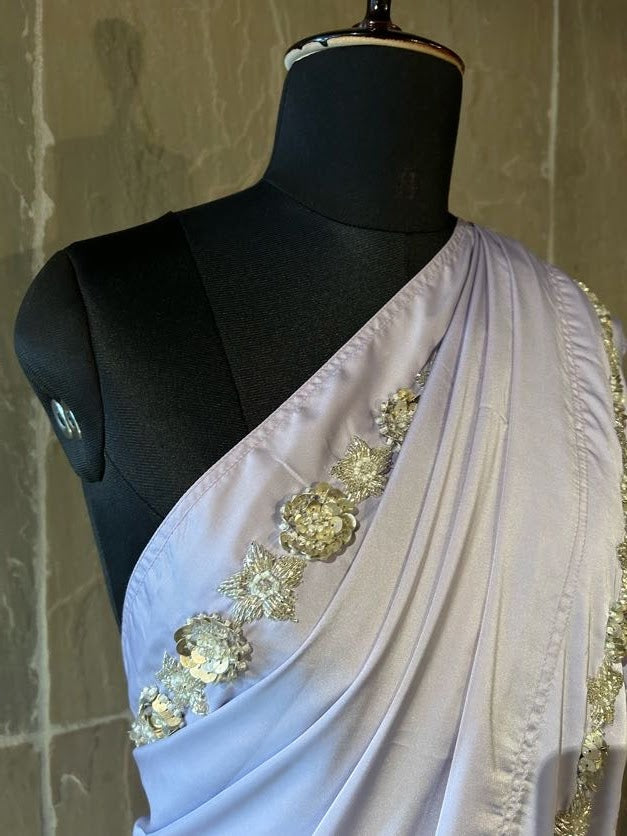 Lavender Saree with Silver Metal Sequin 3D Flowers