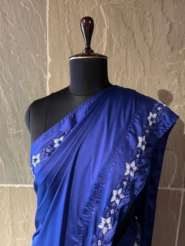 Royal Blue Satin Saree with Crystal 3D Flower Embellishments