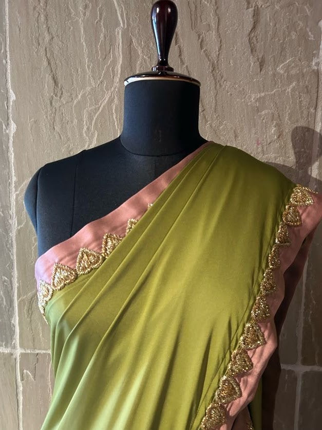 Satin Olive Green and Mauve Saree with 3D Crystal Heart Embellishments