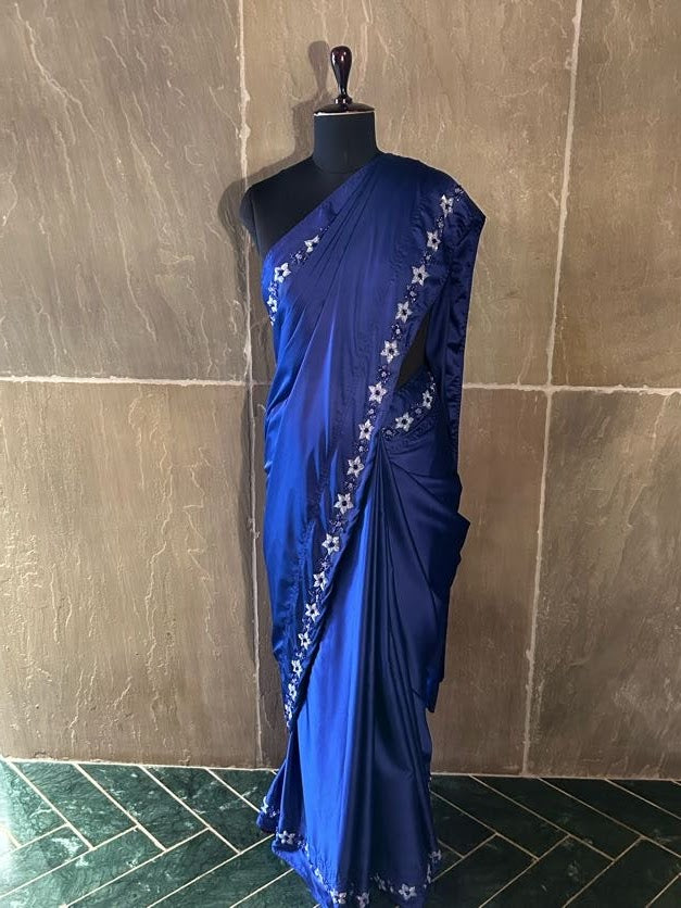 Royal Blue Satin Saree with Crystal 3D Flower Embellishments