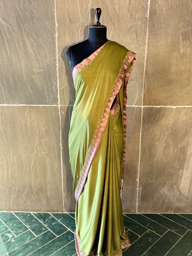 Satin Olive Green and Mauve Saree with 3D Crystal Heart Embellishments