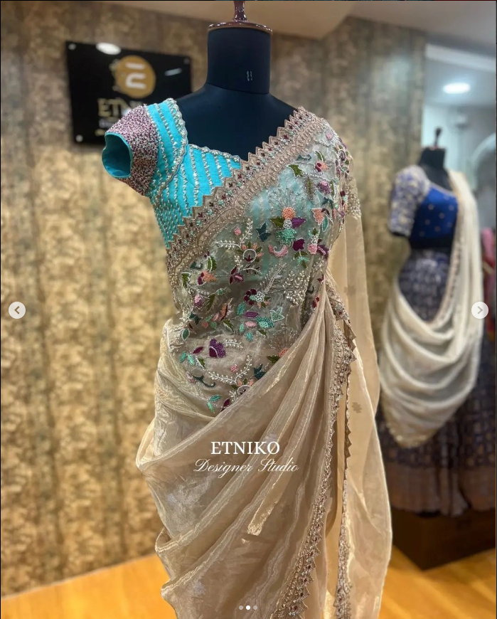 White Saree With Blue Blouse