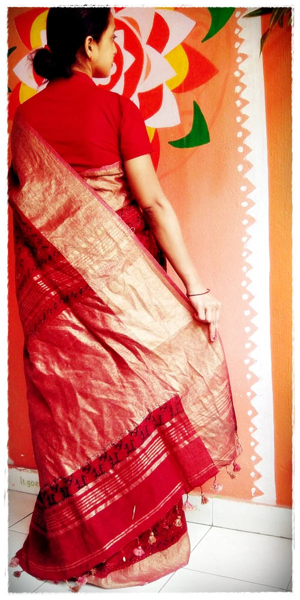 Shaayaraana - Classic Linen Ajrakh Hand Block Print Designer Saree with Zari Border