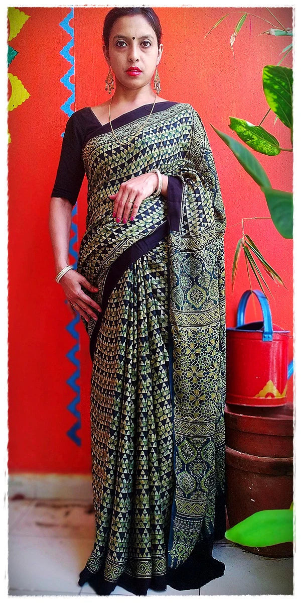 Snighda - Premium Modal Silk Ajrakh Hand Block Print Designer Saree