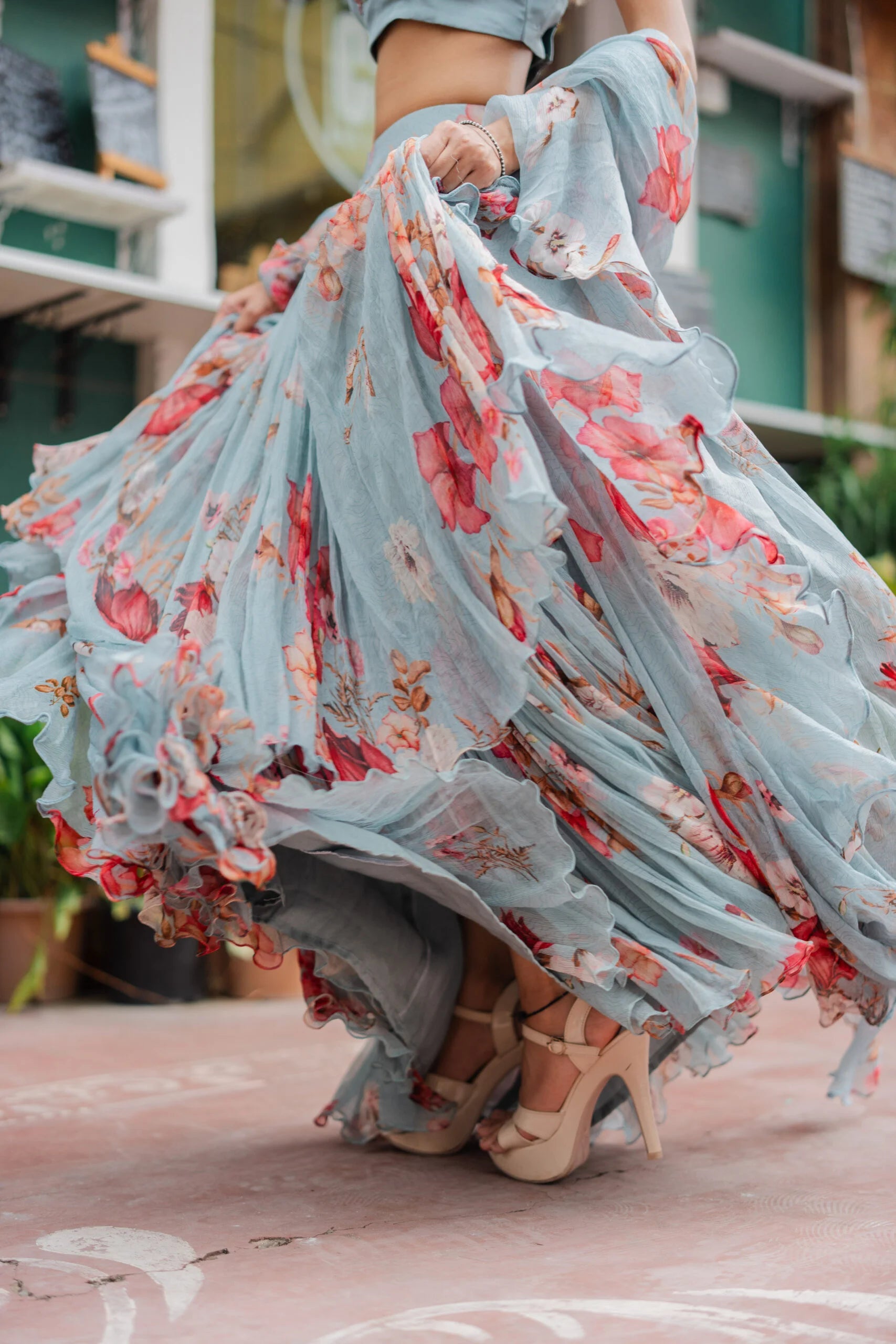 Coral Ocean Floral Chiffon Lehenga Set