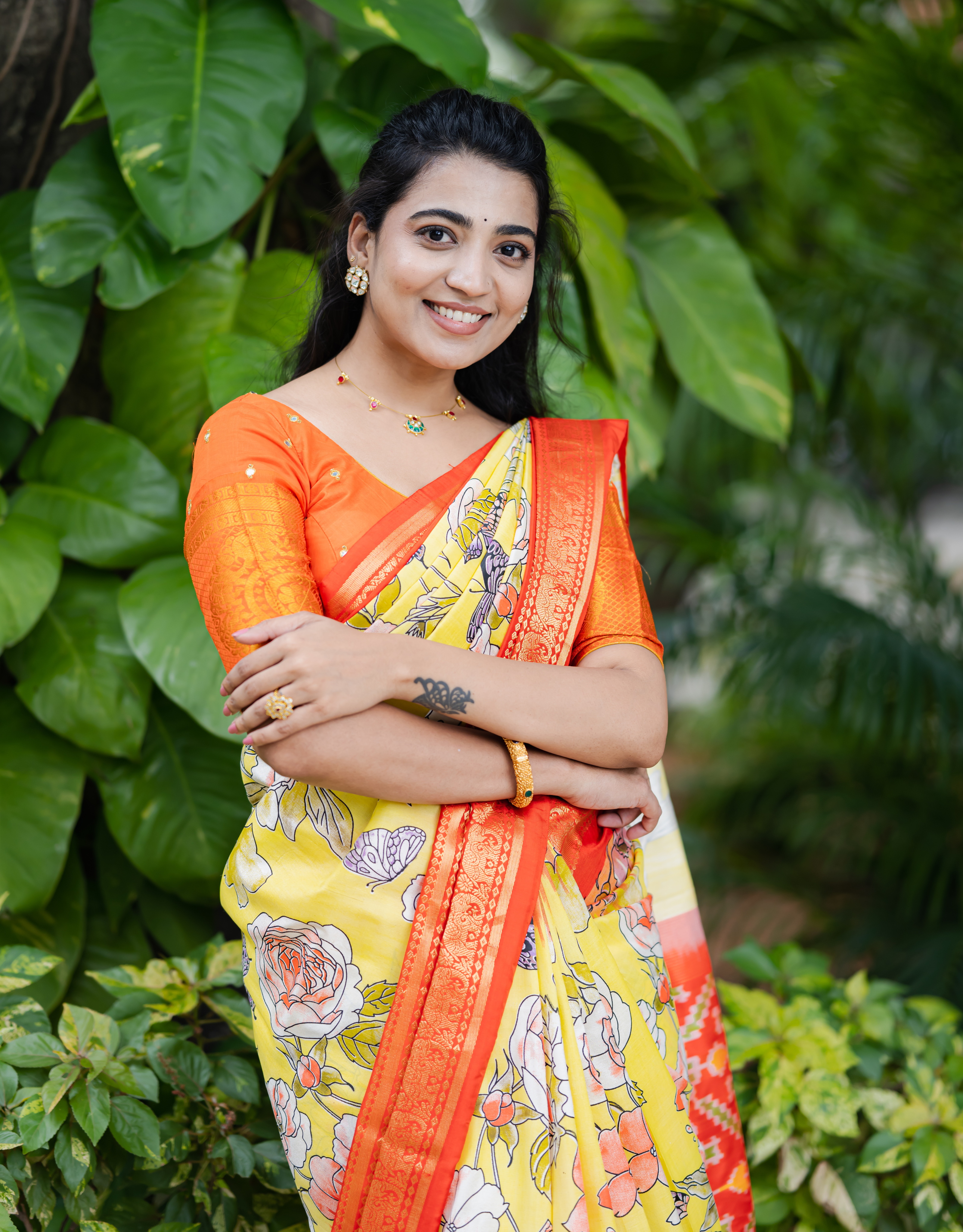 Yellow Printed Ikkat Saree with Kanchipattu Border