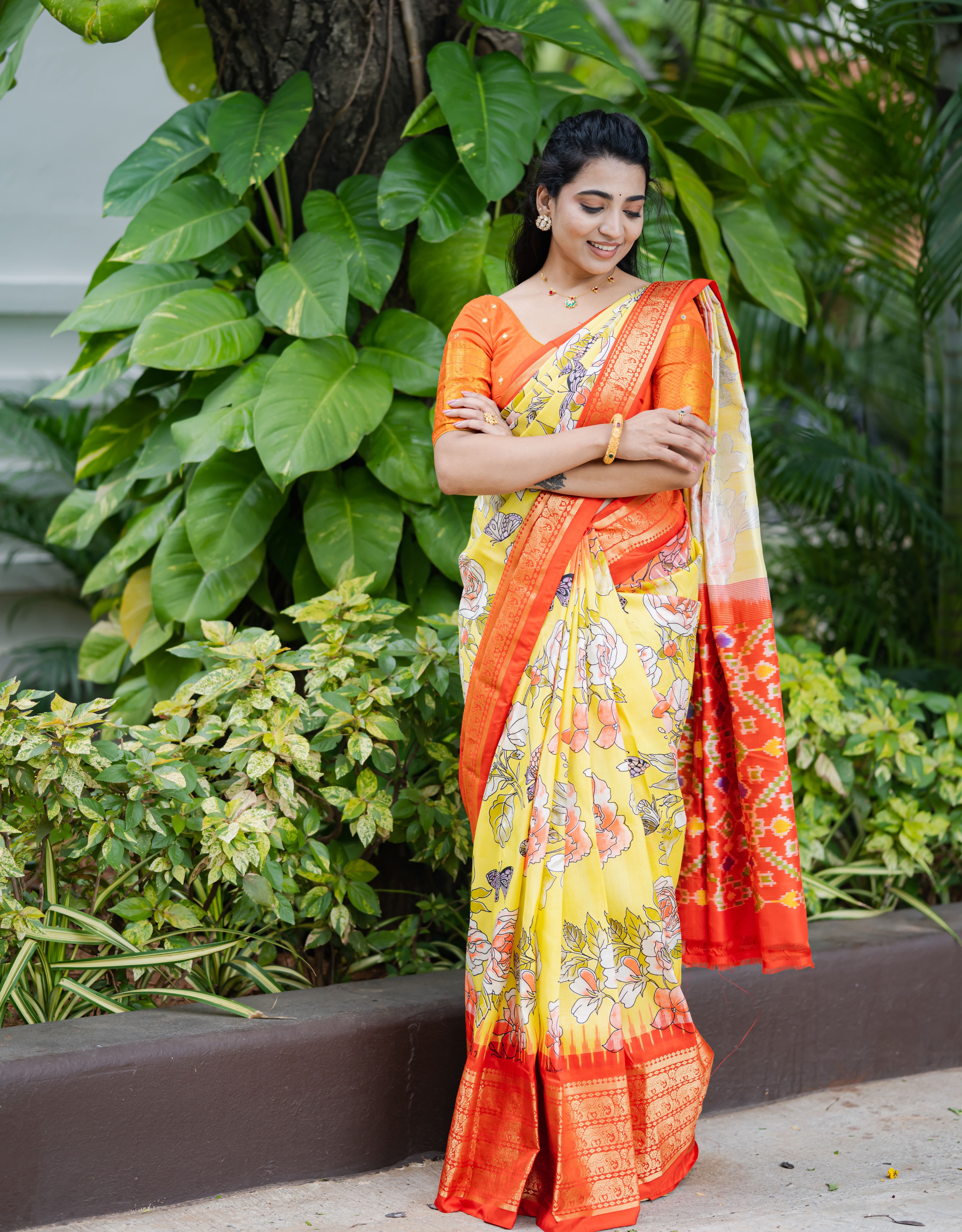 Yellow Printed Ikkat Saree with Kanchipattu Border