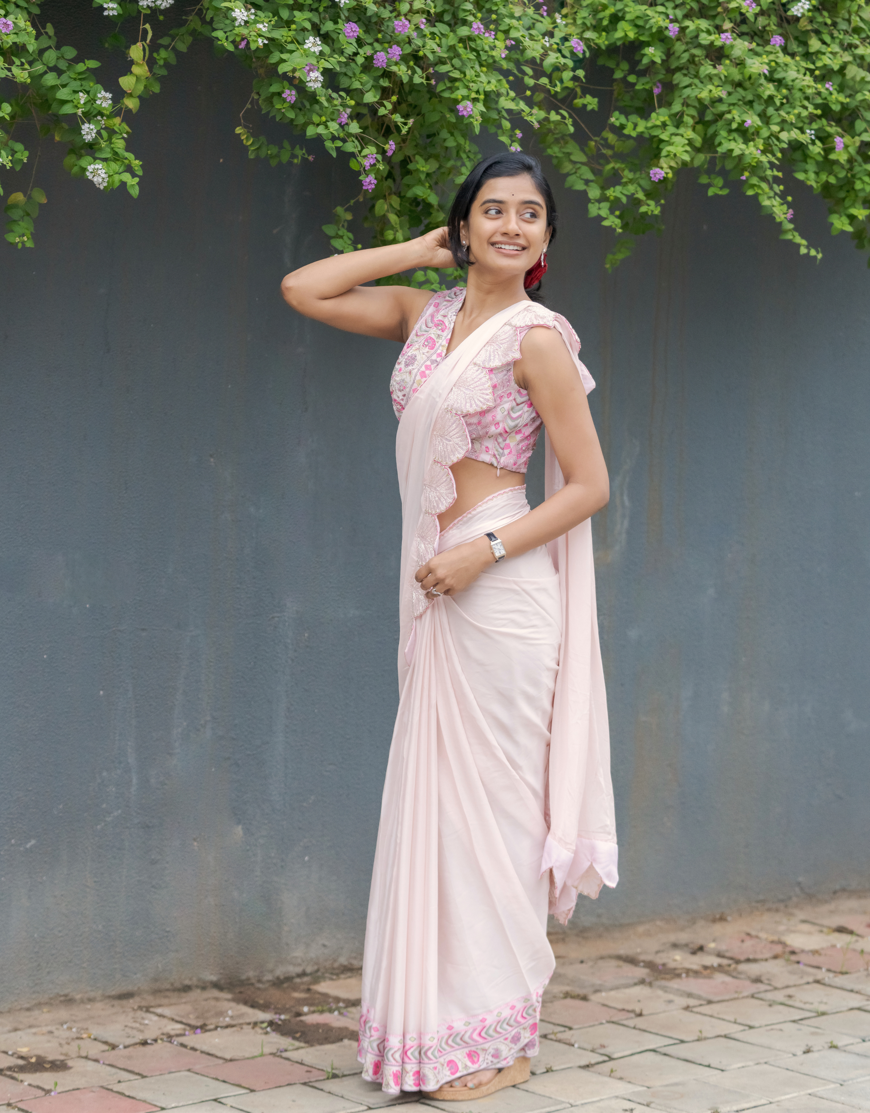 Blush Pink Georgette Saree with Scallop Work Border and Printed Blouse