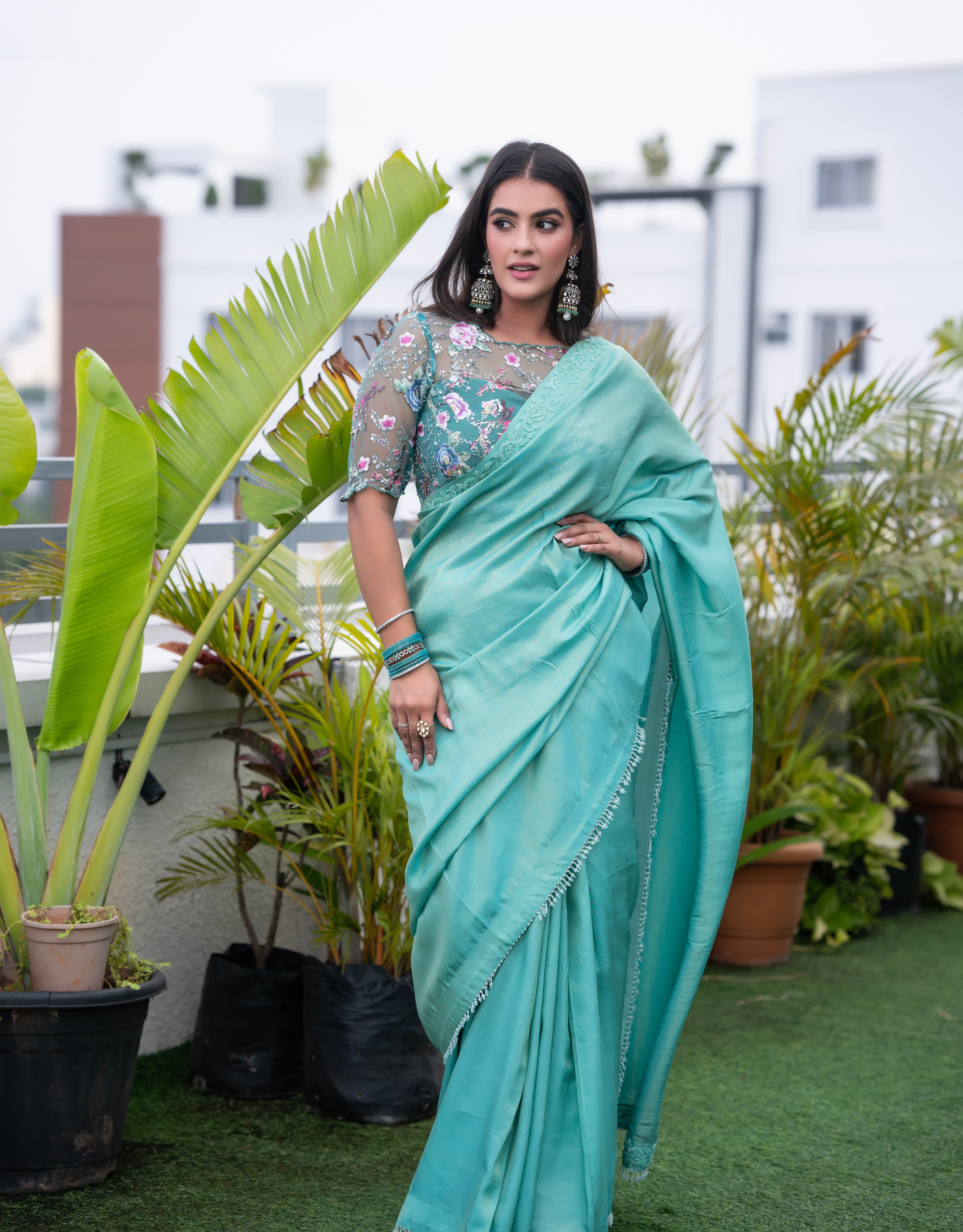 Sea Green Tissue Saree with Floral Embroidered Blouse