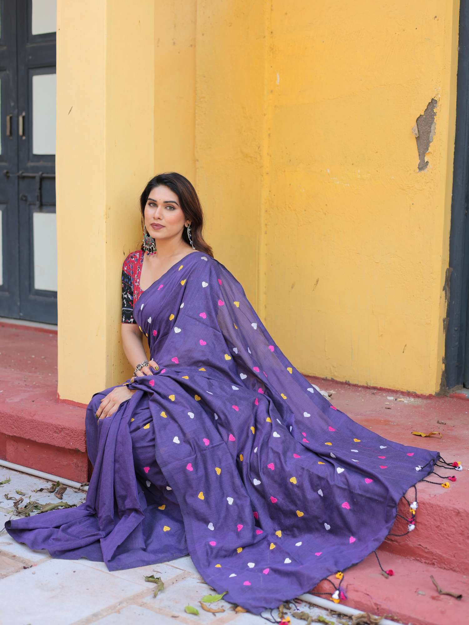 Devika cotton heart embroidery saree with printed blouse