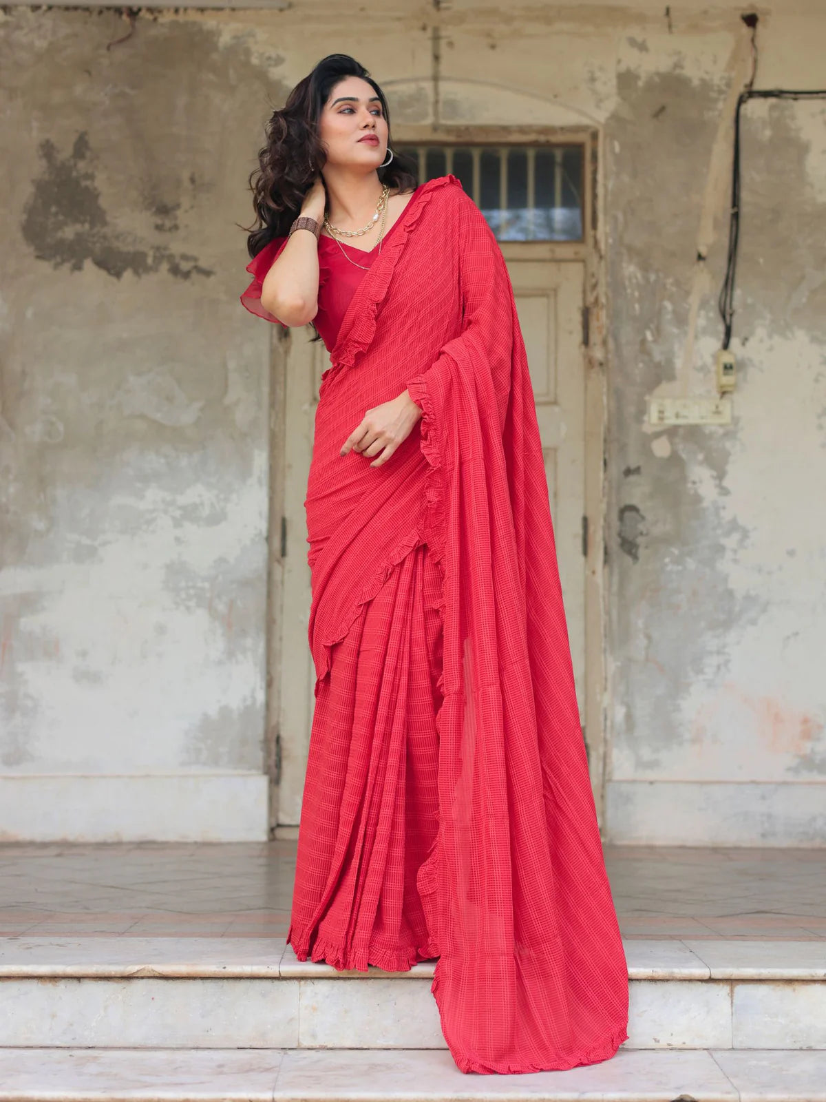 Rosie self textured ruffle saree with blouse