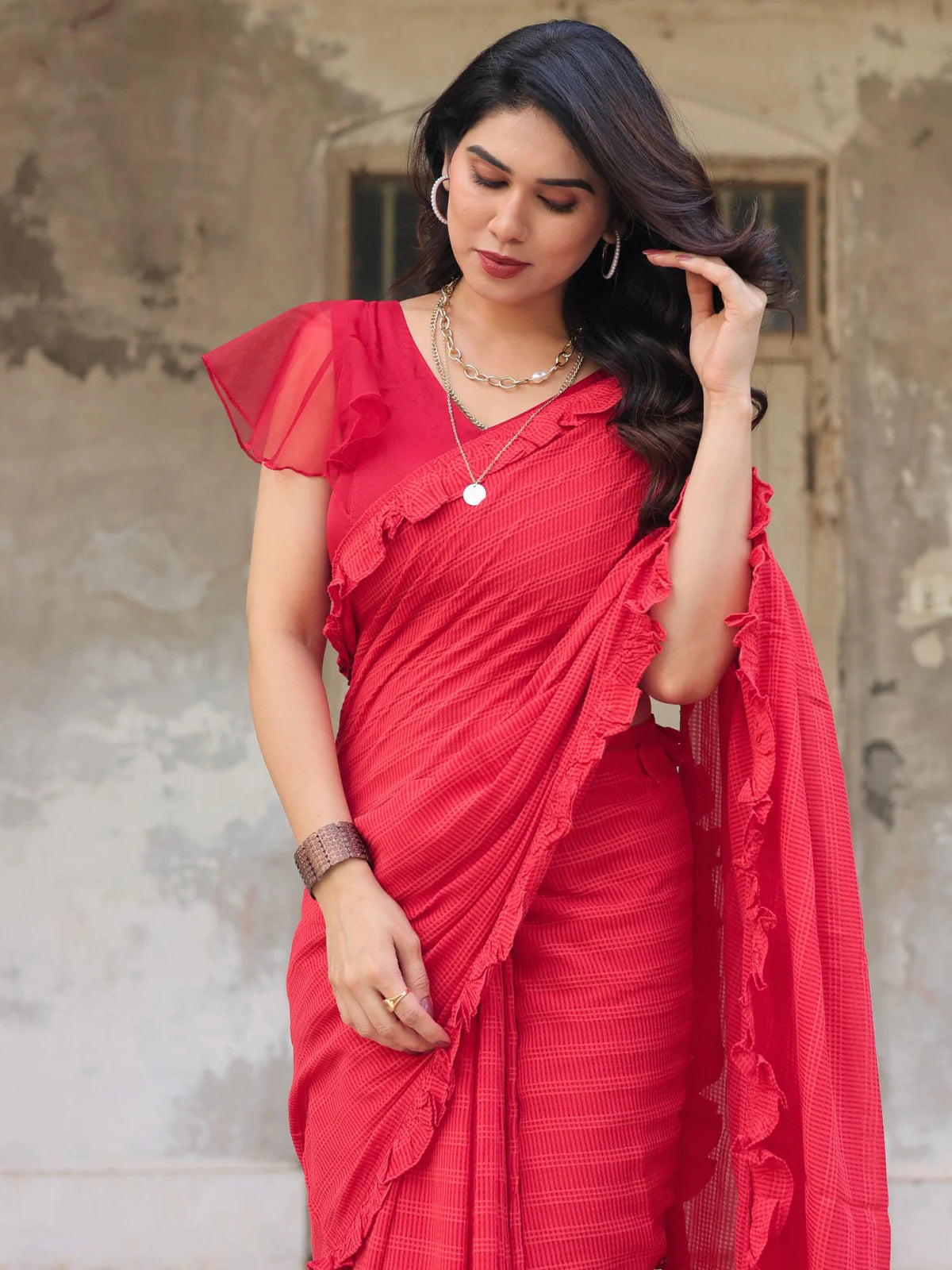 Rosie self textured ruffle saree with blouse