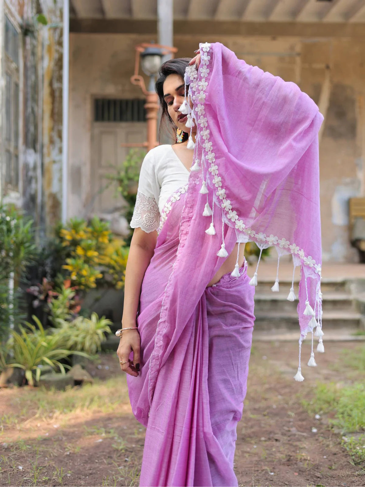 Violet flower lace cotton saree with Blouse