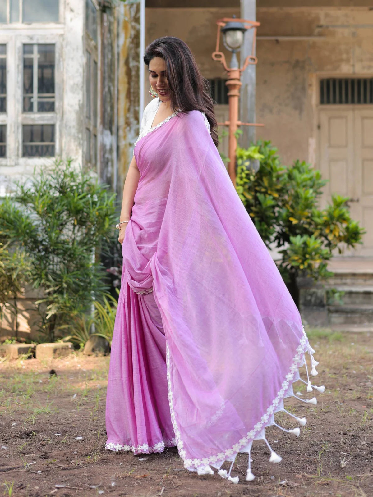 Violet flower lace cotton saree with Blouse