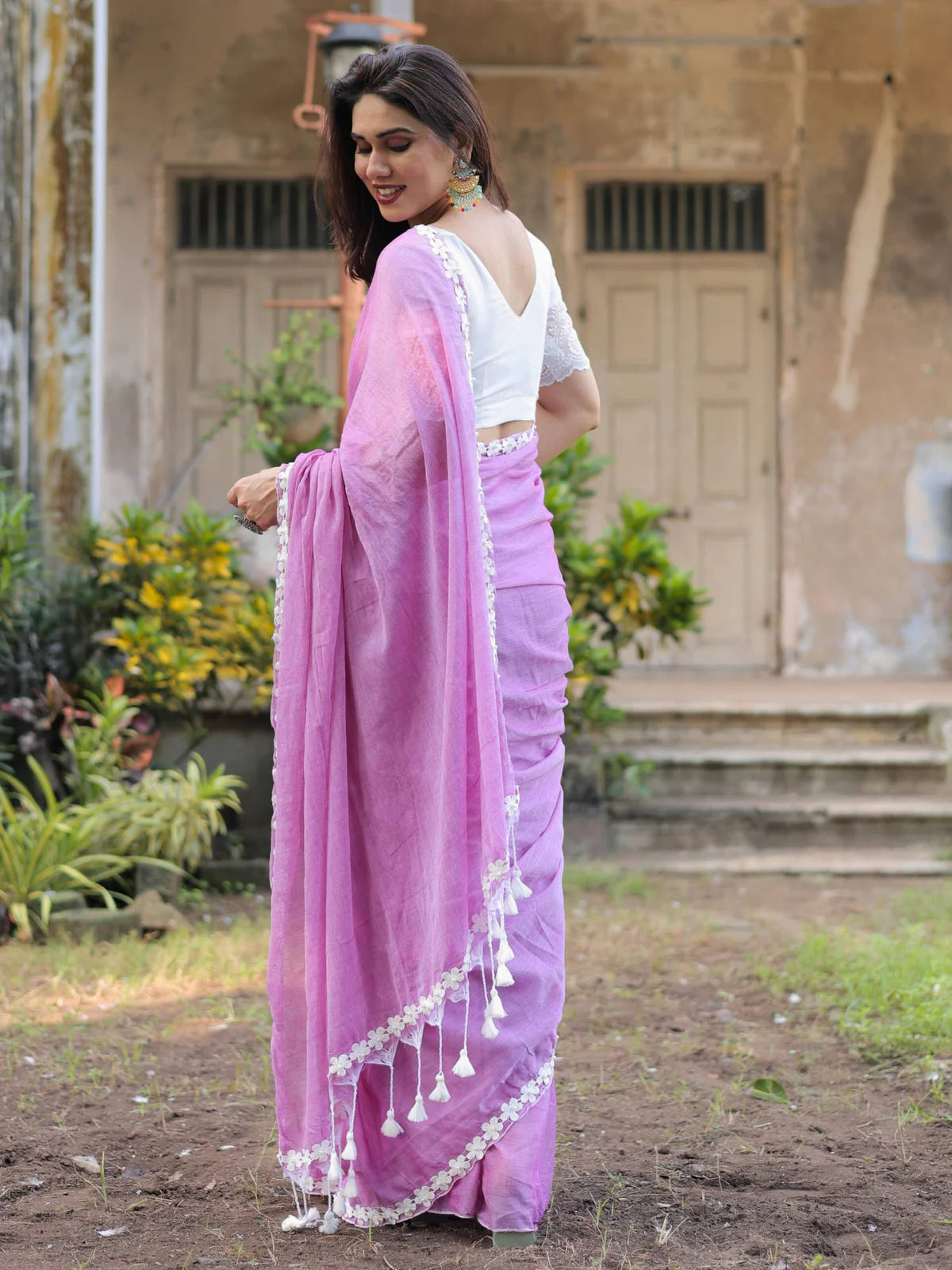 Violet flower lace cotton saree with Blouse